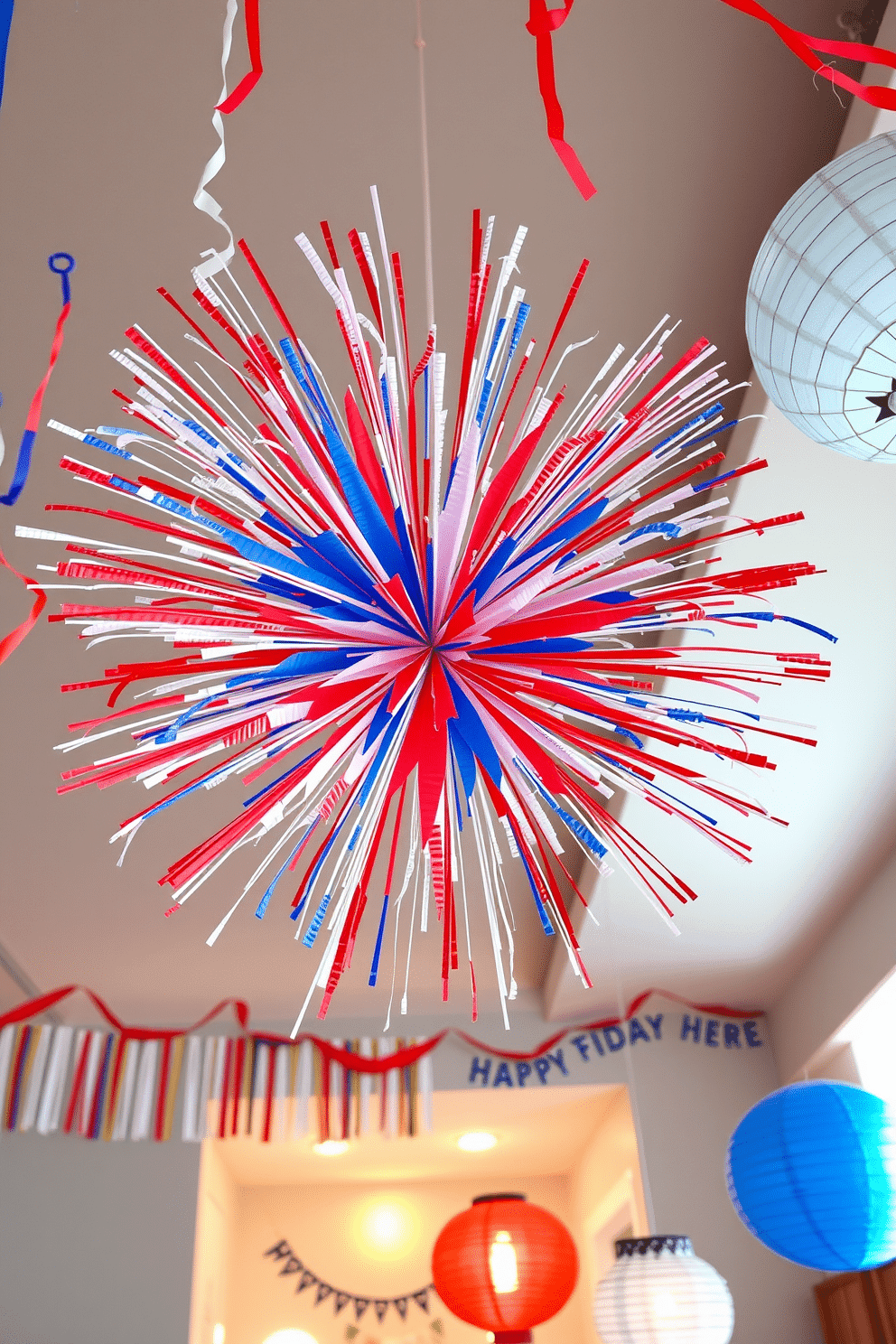 A vibrant DIY fireworks display made from colorful paper bursts with energy and creativity. Each firework is crafted with various shades of red, white, and blue, symbolizing the spirit of Independence Day. The apartment is adorned with festive decorations that celebrate the holiday. Strands of red, white, and blue streamers hang from the ceiling, while paper lanterns in patriotic colors illuminate the space.