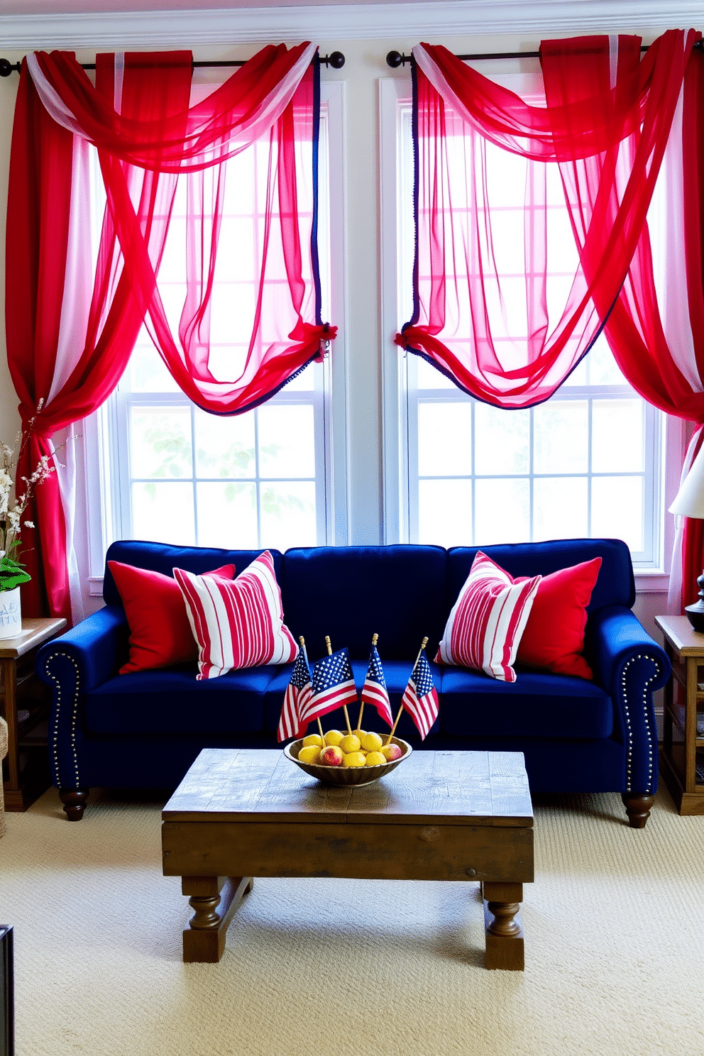 A vibrant living room adorned with red white and blue themed curtains that elegantly frame the windows. The curtains billow softly in the breeze, adding a festive touch to the space while complementing the patriotic decor. A cozy seating area features a navy blue sofa paired with bright red and white throw pillows. A rustic coffee table sits in the center, decorated with small American flags and a bowl of fresh fruit to enhance the Independence Day spirit.