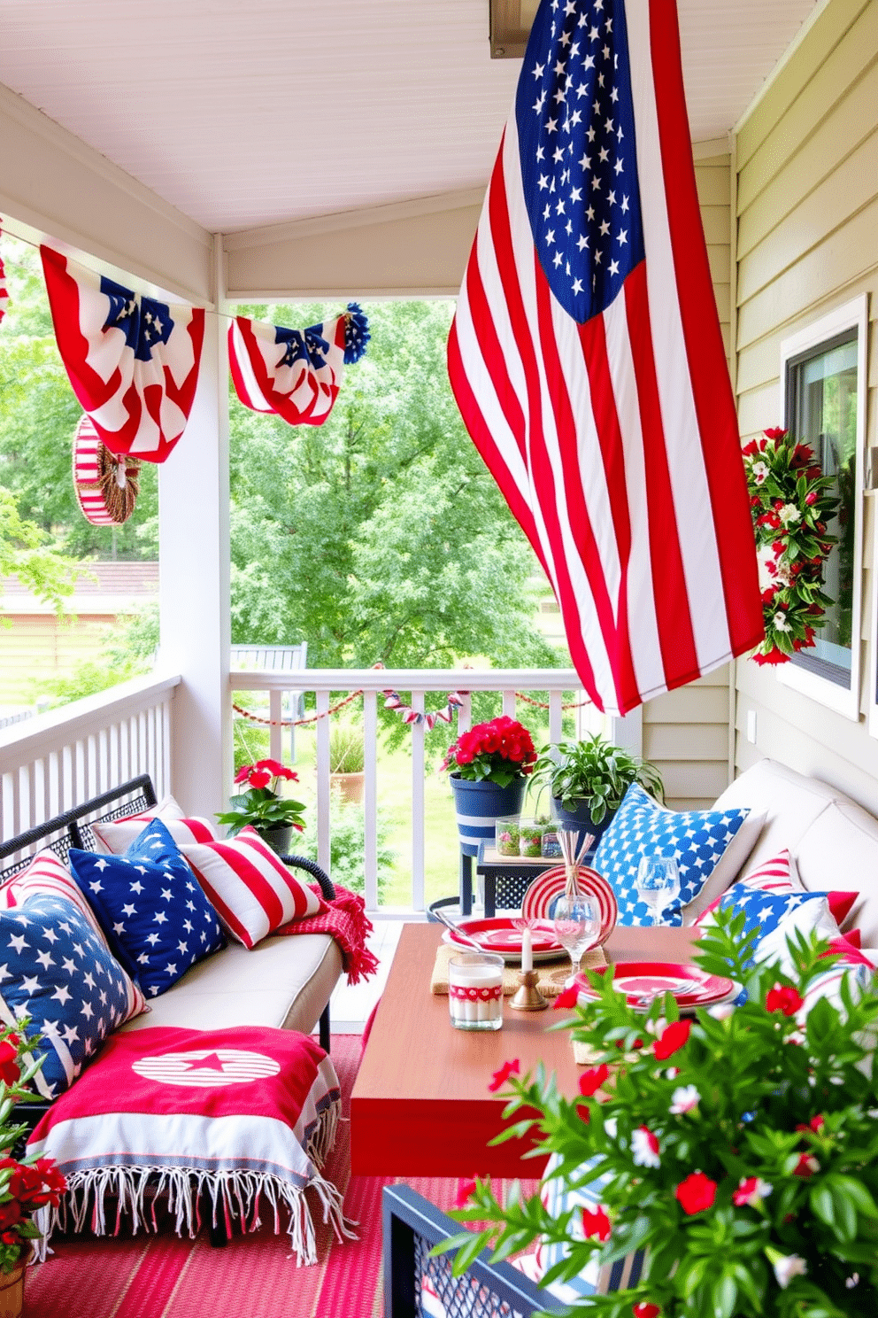 A vibrant outdoor space adorned with American flag themed decorations. Red white and blue bunting drapes across the porch while a large flag flutters proudly in the breeze. The apartment is filled with festive Independence Day decorations. Patriotic pillows and throws are arranged on the couch alongside a table set with red white and blue tableware.