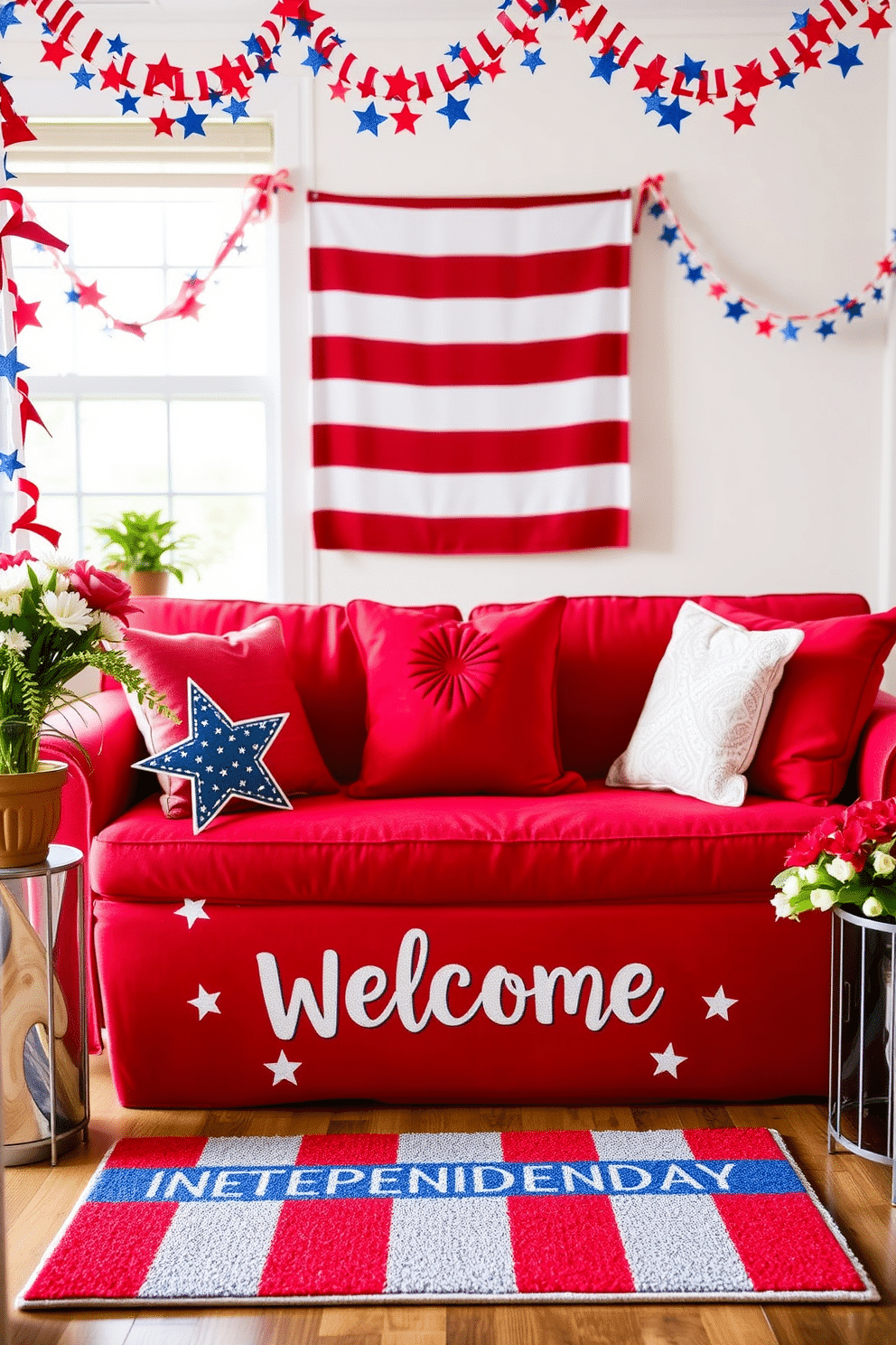 A vibrant welcome mat celebrating Independence Day features a bold red background with white stars and blue stripes. The mat is adorned with the phrase 