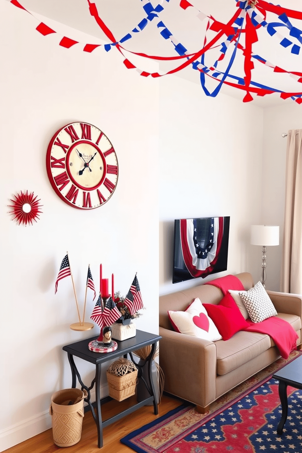 A stars and stripes themed wall clock is mounted on a white wall, featuring bold red and blue colors with a vintage design. Below the clock, a small console table displays festive decorations like miniature flags and red, white, and blue candles. For Independence Day apartment decorating ideas, a cozy living room is adorned with patriotic throw pillows and a vibrant area rug. Streamers and bunting in national colors hang from the ceiling, creating a festive atmosphere for celebrating the holiday.