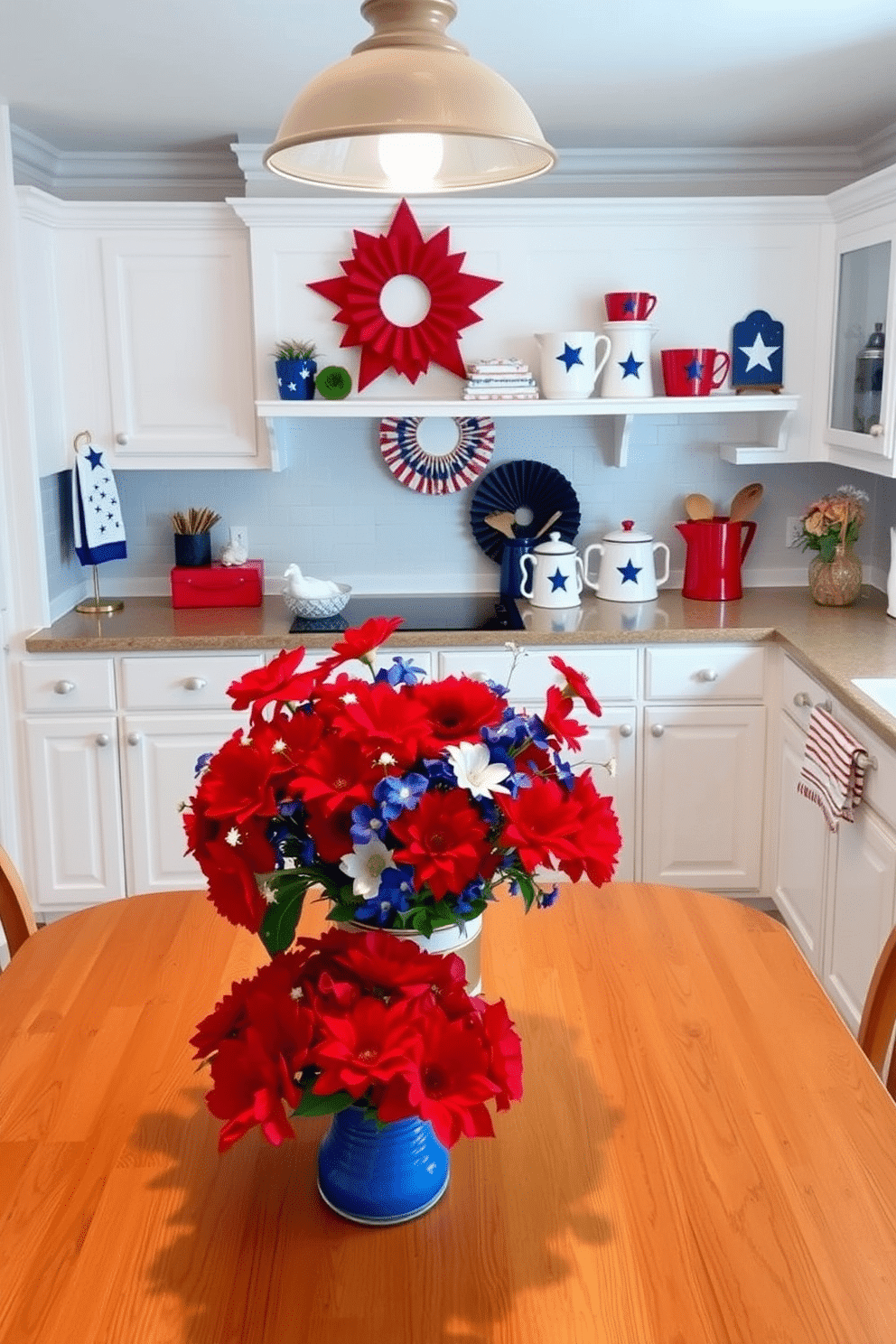 A vibrant kitchen adorned with red white and blue themed accessories. The countertops are decorated with star patterned dish towels and a collection of red white and blue ceramic canisters. The walls are painted in a soft white hue to enhance the patriotic theme. A festive table centerpiece features a mix of red flowers and blue accents, creating a cheerful atmosphere for Independence Day celebrations.