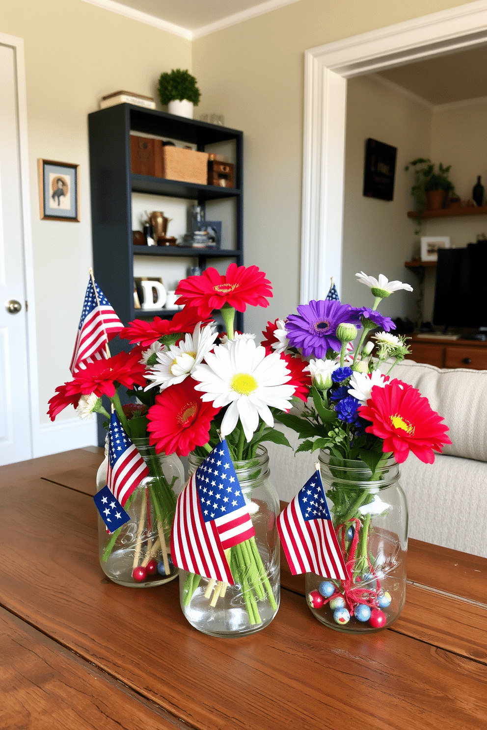 A charming apartment setting adorned with mason jars filled with vibrant patriotic flowers. The jars are placed on a rustic wooden table, creating a festive atmosphere for Independence Day celebrations.