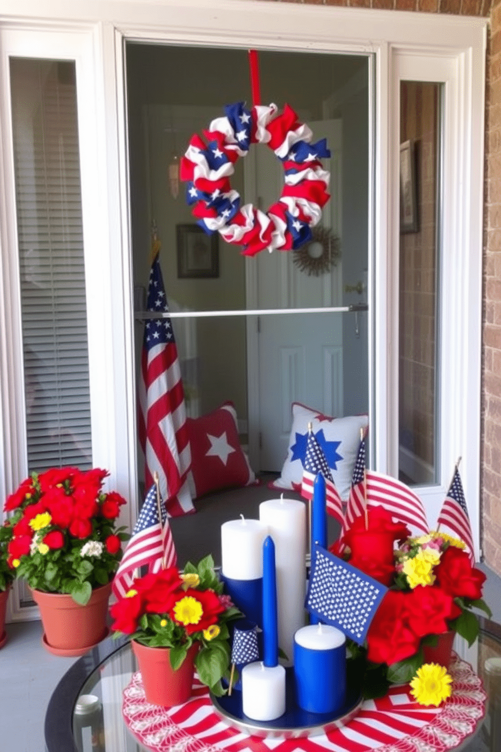 A patriotic wreath hangs beautifully on the front door, adorned with red white and blue ribbons and stars. The front porch is decorated with potted flowers in vibrant colors and a small American flag stands proudly next to the entrance. Inside the apartment, festive decorations celebrate Independence Day with themed throw pillows and a red white and blue color scheme. A table centerpiece features a collection of candles in varying heights surrounded by miniature flags and fresh flowers.