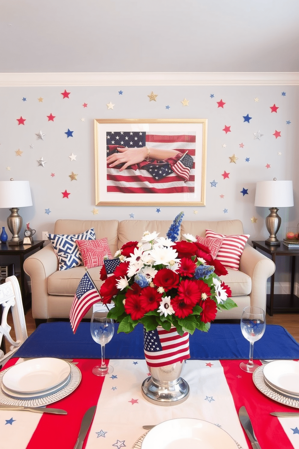 A vibrant living room adorned with Independence Day themed wall decals featuring stars and stripes in red white and blue. The space is enhanced by festive cushions on a neutral sofa and a coffee table decorated with miniature flags and seasonal decor. An inviting dining area showcasing a patriotic table setting with a red white and blue tablecloth. Centered on the table is a bouquet of fresh flowers in a flag-themed vase surrounded by themed dinnerware and sparkling glassware.