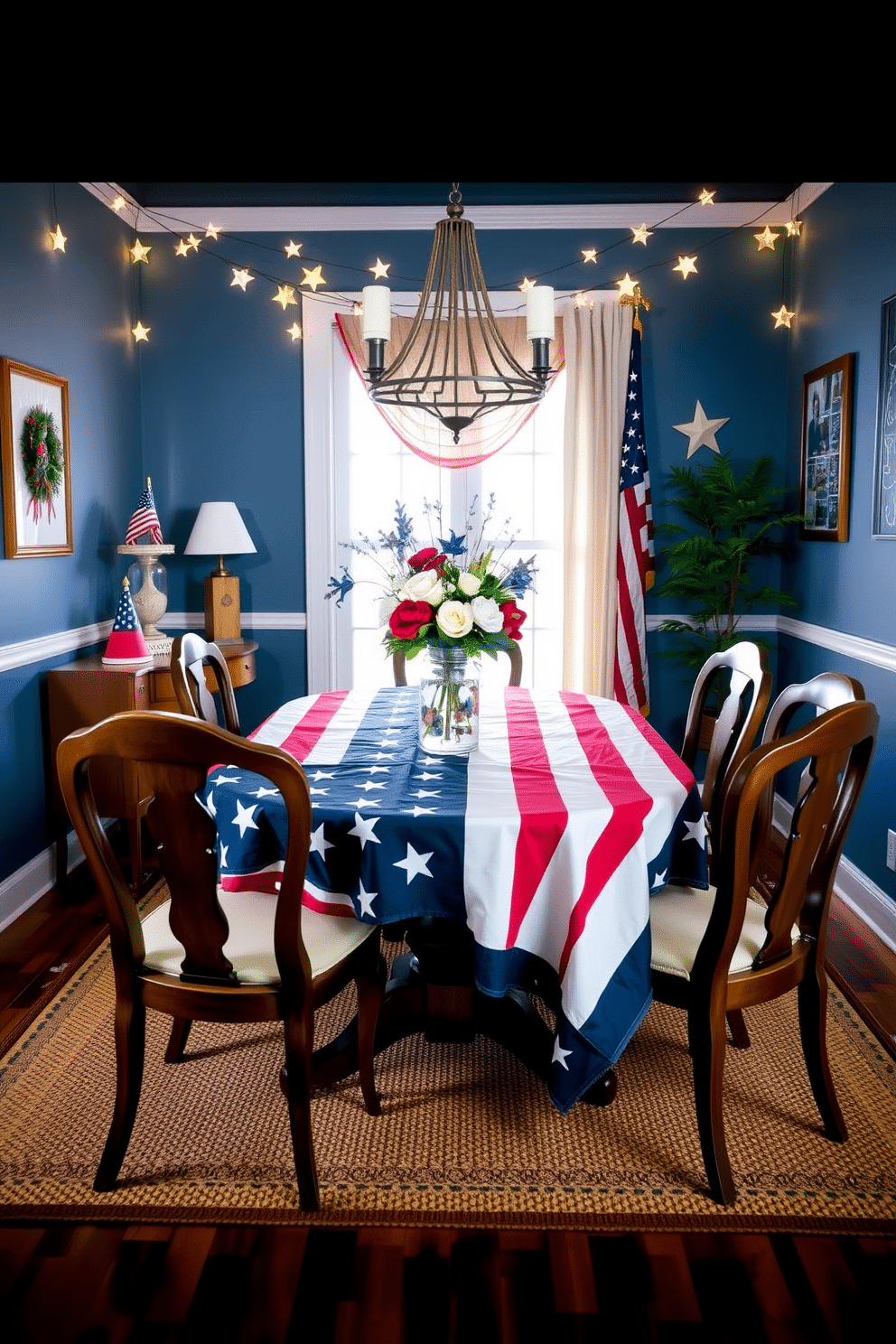 A vibrant dining room setting featuring a dining table adorned with an American flag tablecloth. Surrounding the table are elegant wooden chairs with comfortable cushions, and a centerpiece of red, white, and blue flowers adds a festive touch. The walls are decorated with patriotic artwork, and string lights in the shape of stars are hung across the room. A cozy rug beneath the table complements the decor, creating a warm and inviting atmosphere for Independence Day celebrations.