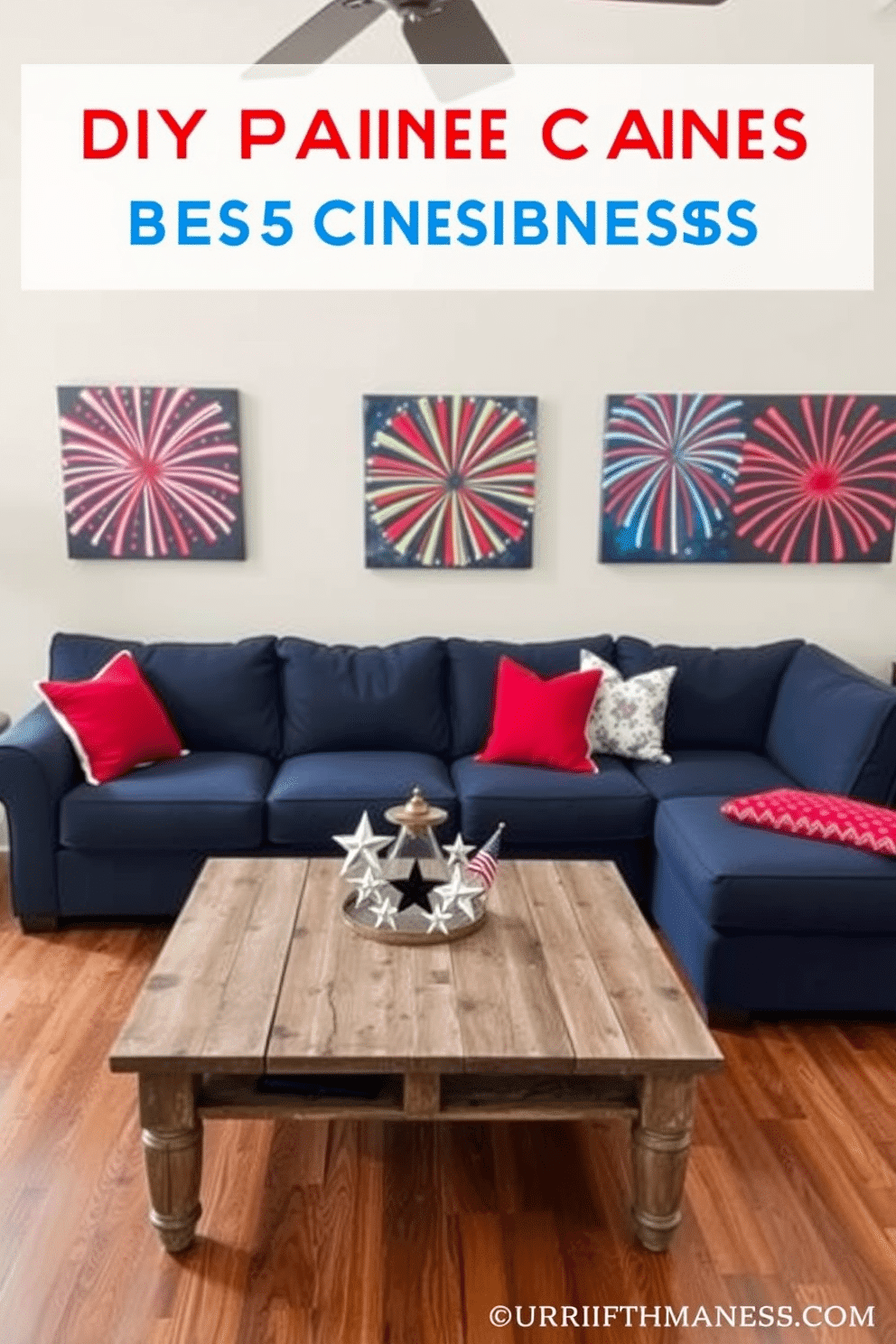 A vibrant living room adorned with DIY painted firework canvases hanging on the walls. The canvases feature bold colors and dynamic designs, creating a festive atmosphere for Independence Day celebrations. The room is furnished with a comfortable sectional sofa in navy blue, complemented by red and white throw pillows. A rustic coffee table sits at the center, surrounded by small decorative elements like stars and stripes to enhance the holiday theme.