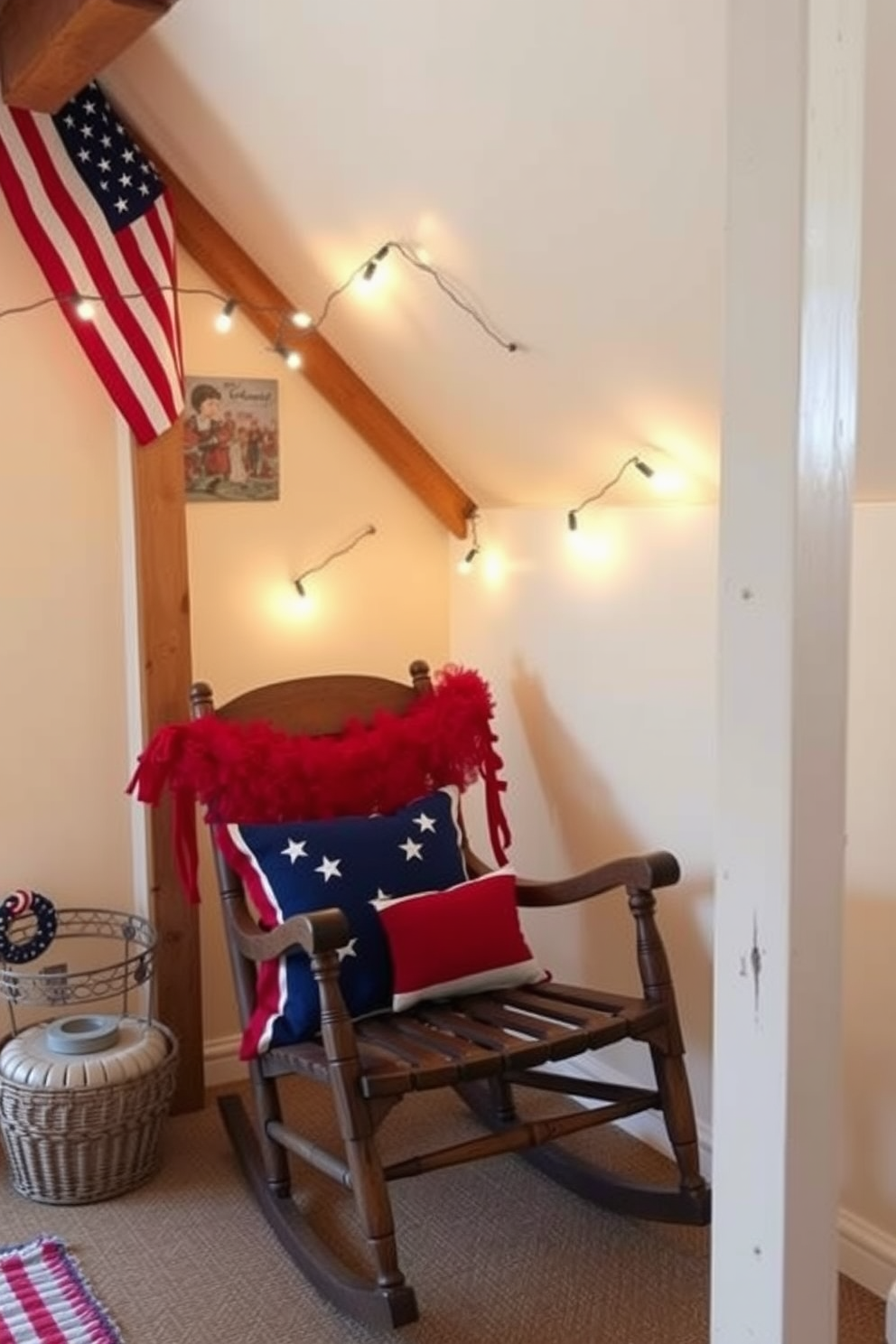 Create a cozy attic space decorated for Independence Day. The room features a vintage wooden rocking chair adorned with patriotic red white and blue pillows, creating a festive atmosphere. The walls are painted a soft cream, providing a warm backdrop for the decor. String lights hang from the beams, adding a touch of charm and inviting ambiance to the celebration.