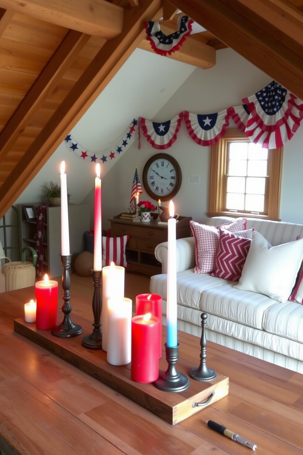 Candle arrangements featuring red white and blue candles of varying heights are artfully placed on a rustic wooden table. The soft glow of the candles illuminates the space, creating a warm and festive atmosphere for Independence Day celebrations. The attic is decorated with vintage Americana decor including stars and stripes bunting draped along the walls. Cozy seating is arranged under the eaves, adorned with throw pillows in patriotic colors to invite relaxation and enjoyment of the holiday spirit.