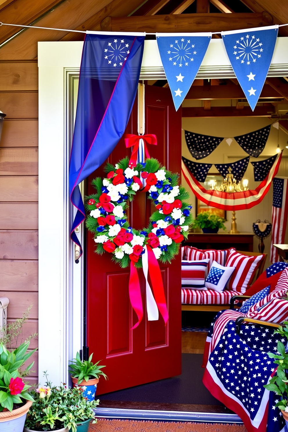 A patriotic wreath adorns the front door, crafted from red white and blue flowers with ribbons flowing gently in the breeze. The entrance is framed by potted plants that add a touch of greenery to the festive display. Inside the attic, a cozy seating area is decorated with themed cushions and throws in stars and stripes patterns. Vintage American flags and bunting hang from the beams, creating a warm and inviting space to celebrate Independence Day.