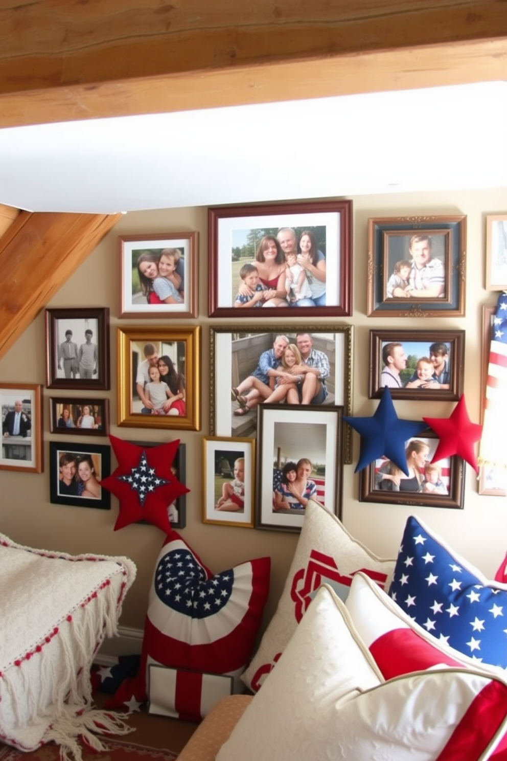 A gallery wall showcasing family photos from Independence Day celebrations. The wall is adorned with a mix of frames in various sizes, featuring red, white, and blue accents to enhance the festive theme. The attic is transformed into a cozy retreat with Independence Day decorations. Rustic wooden beams are highlighted, and patriotic-themed throw pillows and blankets create a warm and inviting atmosphere.