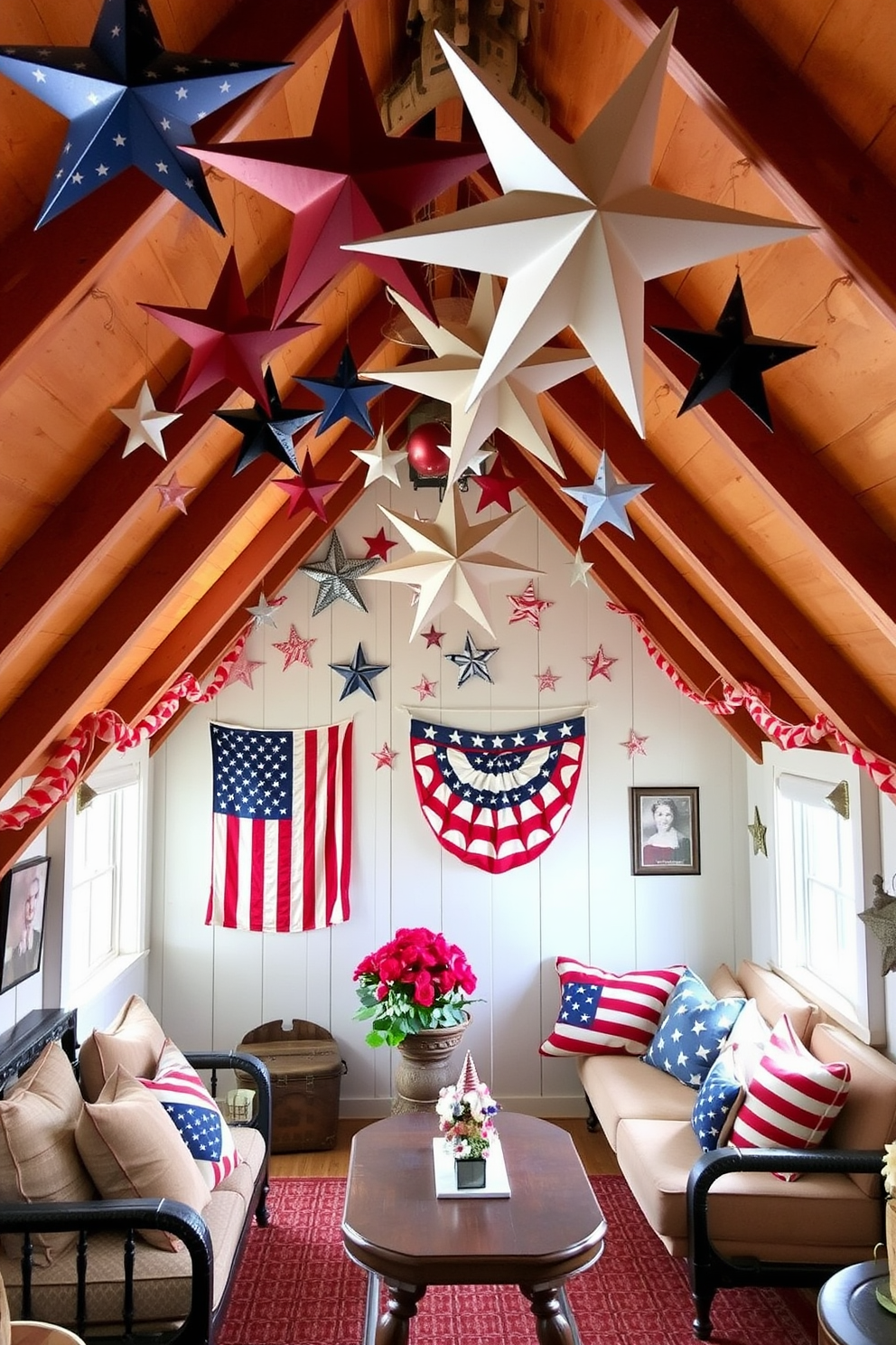 A cozy attic space decorated for Independence Day features decorative stars hanging from the ceiling in red white and blue. The walls are adorned with vintage American flags and there are comfortable seating areas with patriotic-themed cushions.