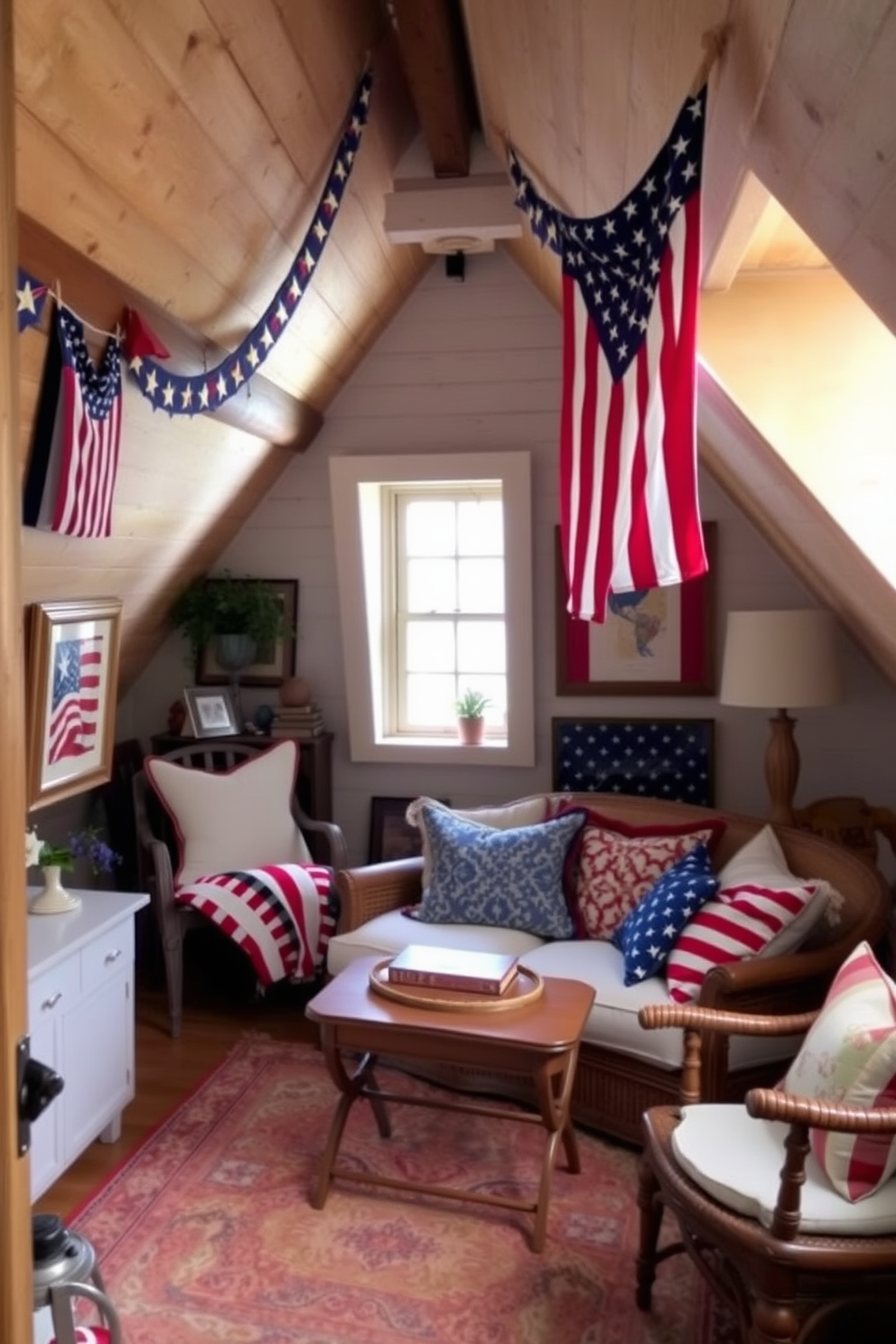 A cozy attic space decorated for Independence Day. Vintage flags are framed as art pieces, adding a touch of nostalgia to the room's rustic charm.