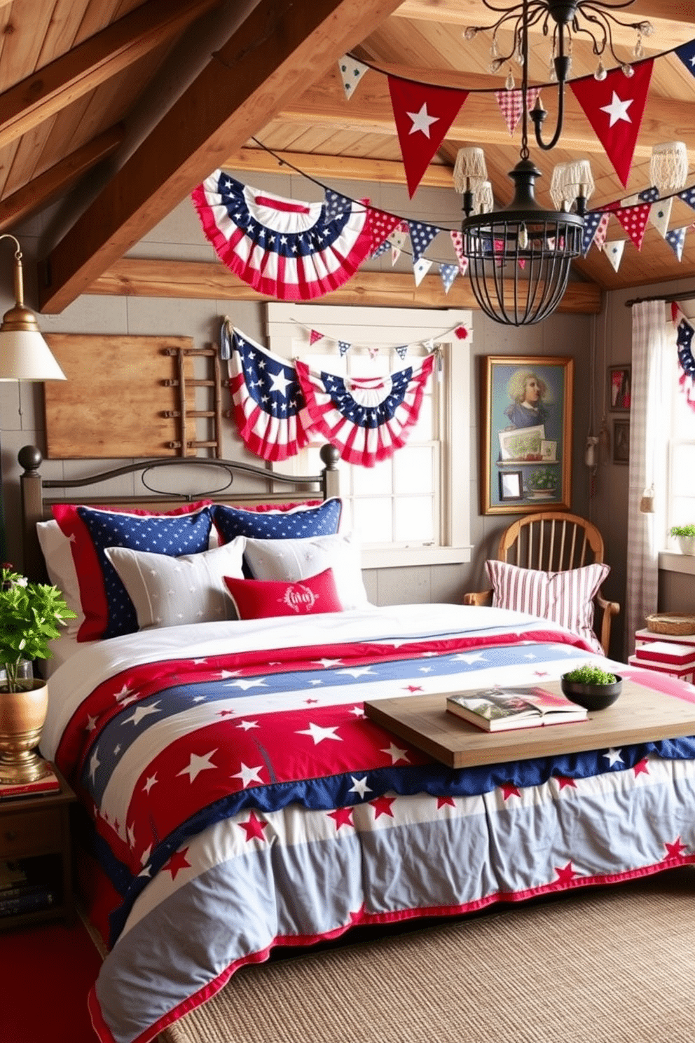 A vibrant Independence Day themed bedding set featuring a mix of red white and blue colors. The design includes stars and stripes patterns with decorative pillows that celebrate the spirit of the holiday. Charming Independence Day attic decorating ideas that incorporate rustic elements and patriotic colors. The space features vintage flags and bunting alongside cozy seating arrangements for a festive atmosphere.