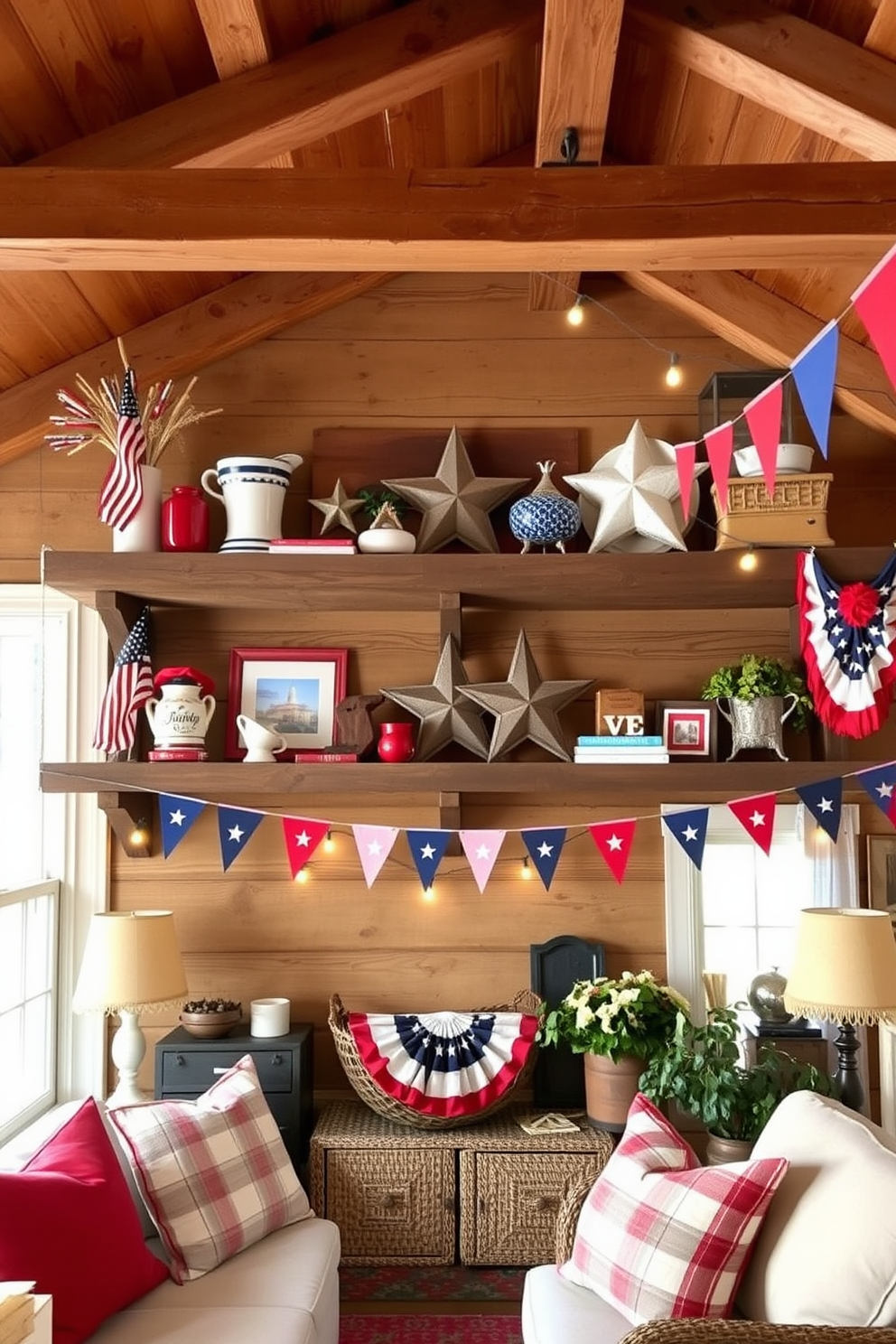 Rustic wood shelves adorned with various patriotic decor items create a warm and inviting atmosphere. The shelves feature red, white, and blue accents, including flags, stars, and vintage Americana pieces, set against a backdrop of exposed wooden beams. The attic is transformed into a festive space with creative Independence Day decorating ideas. String lights and bunting enhance the rustic charm, while cozy seating invites relaxation and celebration.