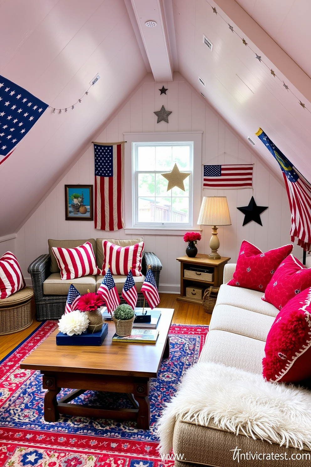 A cozy attic space decorated for Independence Day features red white and blue accent rugs that add a festive touch. The walls are adorned with vintage American flags and star motifs, creating a patriotic atmosphere. In one corner, a comfortable seating area is arranged with plush cushions in coordinating colors. A wooden coffee table displays themed decorations like small flags and seasonal flowers in red white and blue hues.