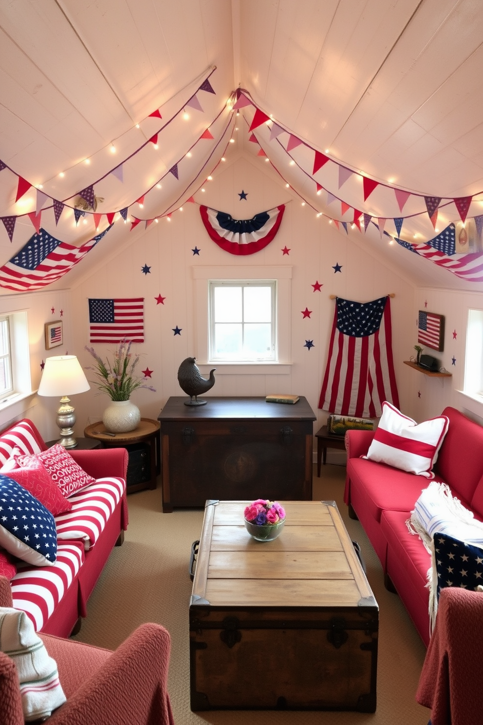 A cozy attic space decorated for Independence Day. The walls are adorned with American flag themed wall decals, creating a festive atmosphere. Colorful bunting and string lights hang from the ceiling, adding a warm glow to the room. A vintage trunk serves as a coffee table, surrounded by comfortable seating in red, white, and blue fabrics.