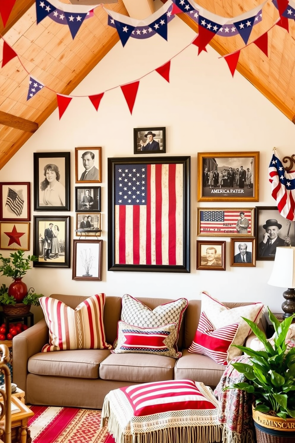 A vintage Americana wall art display features a collection of framed prints showcasing iconic symbols of American history. The arrangement includes a large flag painting, rustic wooden signs, and nostalgic photographs that evoke a sense of patriotism and nostalgia. For Independence Day attic decorating ideas, the space is adorned with red, white, and blue accents throughout. Festive bunting hangs from the rafters, and cozy seating areas are decorated with themed cushions and throws for a warm, inviting atmosphere.