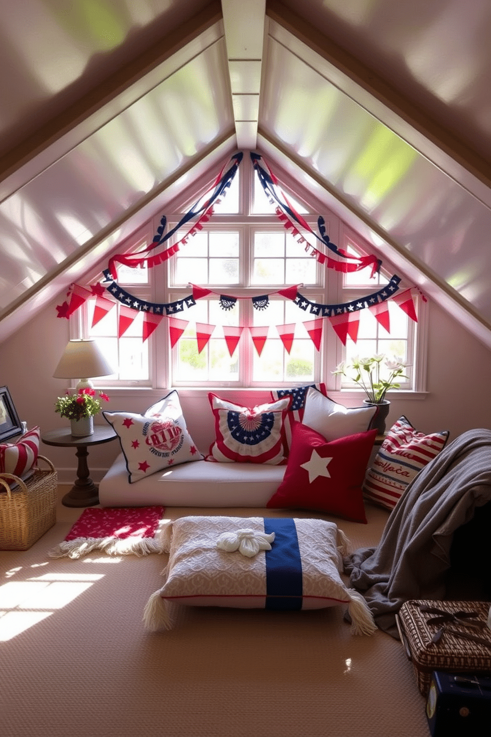 A cozy attic decorated for Independence Day features vibrant festive bunting draped around the windows creating a cheerful atmosphere. The space is adorned with red white and blue accents including pillows and throws that celebrate the holiday spirit.