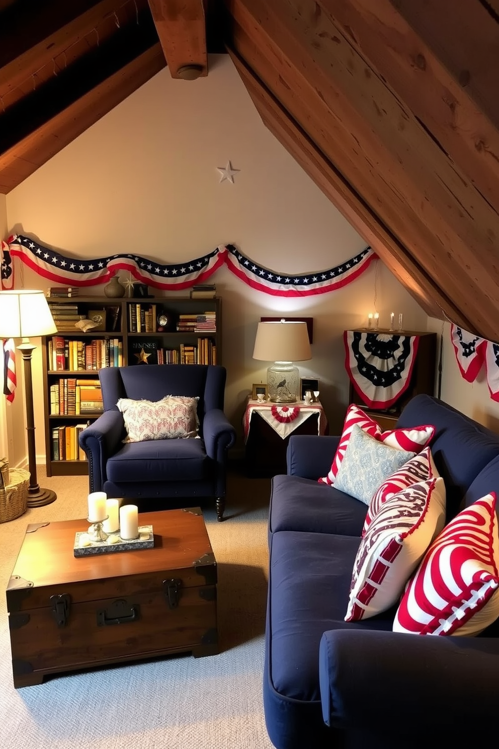 Cozy reading nook with patriotic accents. A plush armchair in deep blue is positioned next to a small wooden side table adorned with a red and white striped tablecloth. A vintage bookshelf filled with classic novels stands against the wall, decorated with small American flags and star-shaped ornaments. Soft lighting from a nearby lamp casts a warm glow, inviting relaxation and reflection on Independence Day. Independence Day Attic Decorating Ideas. The attic features a rustic wooden beam ceiling and is decorated with red, white, and blue bunting draped along the walls. A large, comfy sectional sofa is surrounded by throw pillows in patriotic patterns, creating a perfect gathering space for celebrating. A vintage trunk serves as a coffee table, topped with candles and festive decor to enhance the holiday spirit.