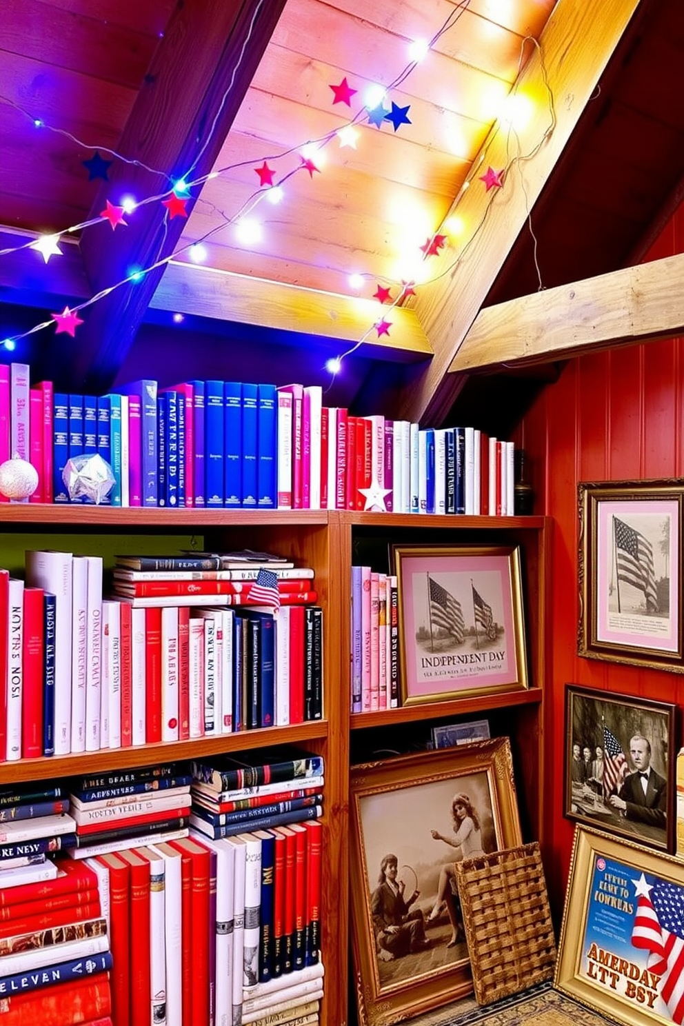 A patriotic themed book collection display featuring shelves filled with red white and blue books arranged by color. Decorative elements such as small American flags and star shaped ornaments are interspersed among the books to enhance the theme. Independence Day attic decorating ideas that include string lights in red white and blue draped across the beams. Vintage Americana decor such as old postcards and framed photographs of past Independence Day celebrations adorn the walls.