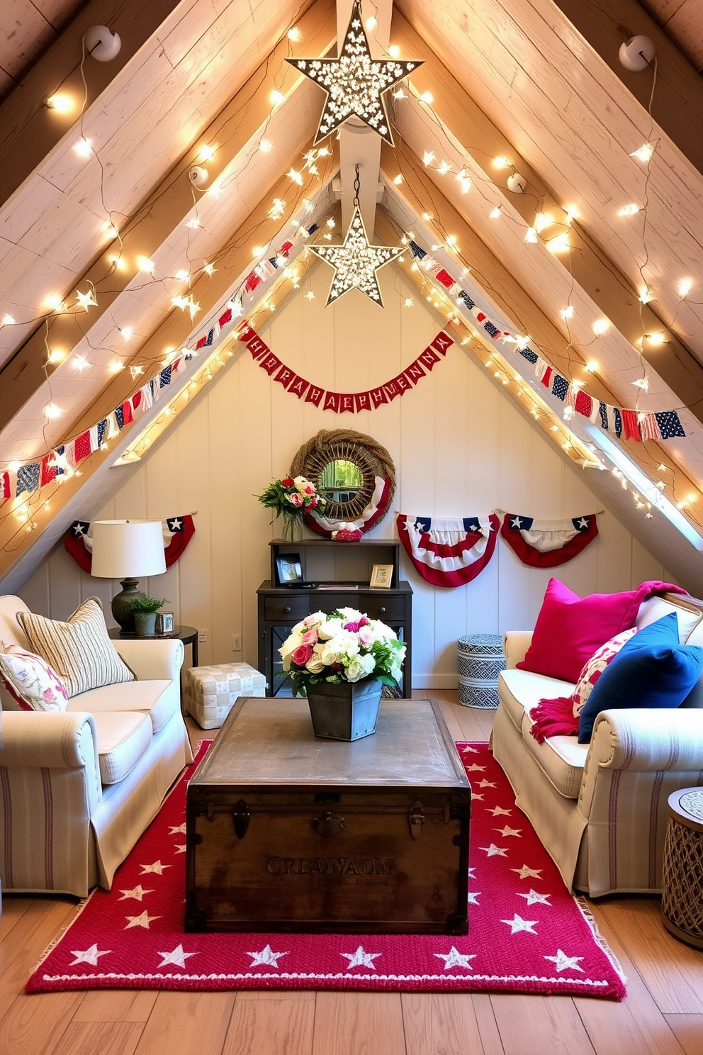 Create a cozy attic space decorated for Independence Day. Star-shaped fairy lights hang from the beams, casting a warm glow over red, white, and blue bunting draped along the walls. A vintage trunk serves as a coffee table, surrounded by plush seating in patriotic colors. The floor is adorned with a soft area rug featuring stars and stripes, adding to the festive atmosphere.