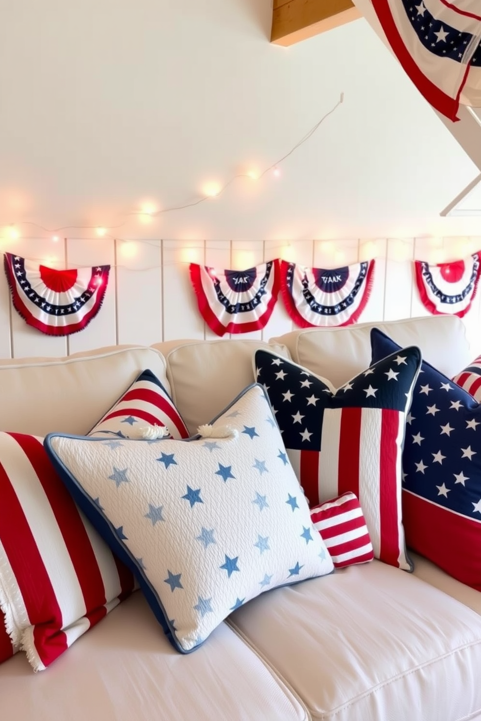 Independence Day themed throw pillows feature vibrant red white and blue colors with stars and stripes patterns. These pillows are arranged on a cozy white sofa to create a festive and inviting atmosphere. Independence Day attic decorating ideas include hanging string lights in red white and blue across the ceiling beams. Vintage American flags and patriotic bunting can be draped along the walls to enhance the celebratory feel.