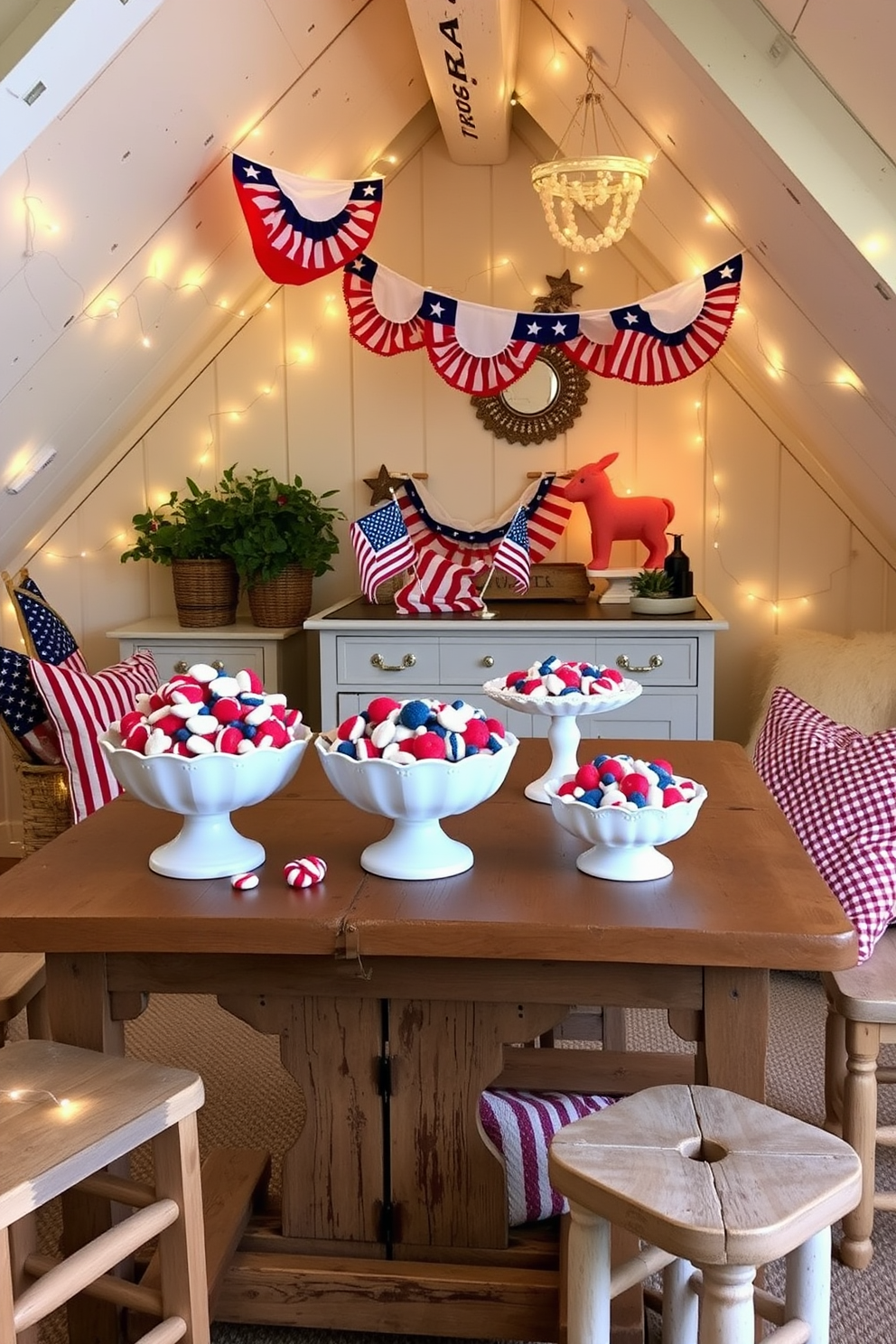 A charming attic space adorned for Independence Day. Decorative bowls filled with red, white, and blue treats are placed on a rustic wooden table, surrounded by festive bunting and fairy lights.