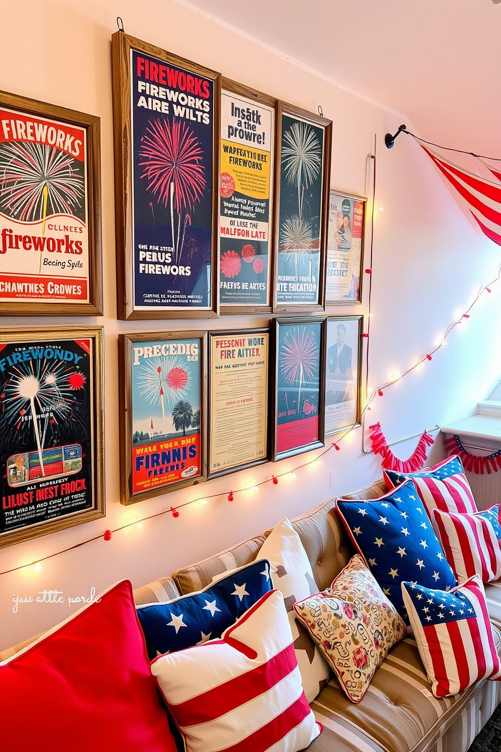 A wall-mounted display features an array of vintage fireworks advertisements in vibrant colors. The ads are framed in rustic wood, creating a nostalgic atmosphere that celebrates Independence Day. The attic is transformed into a festive space with red, white, and blue decorations. String lights illuminate the area, and patriotic-themed pillows are scattered across cozy seating arrangements.