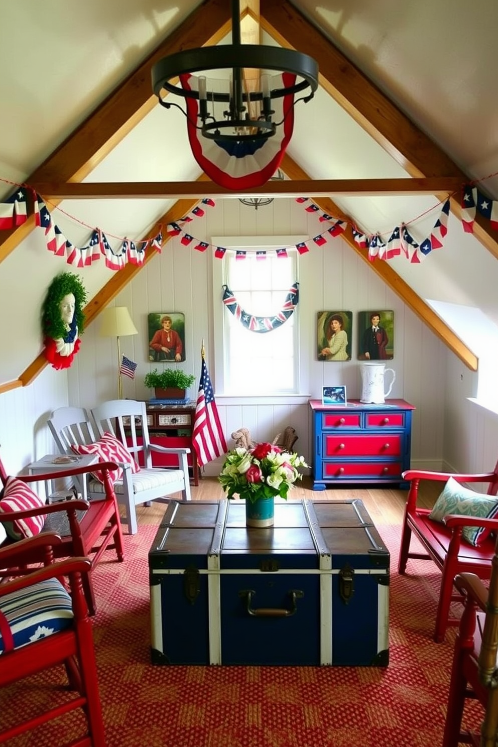 A cozy attic space decorated for Independence Day features red, white, and blue painted furniture that creates a festive atmosphere. The walls are adorned with patriotic bunting, and a vintage trunk serves as a coffee table in the center of the room.