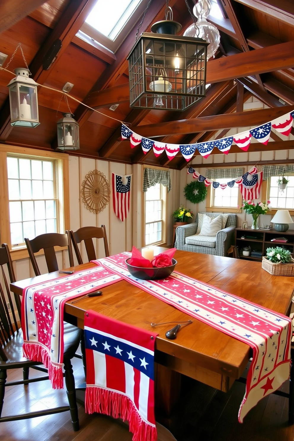 A collection of patriotic table runners drapes elegantly across a rustic wooden dining table. The runners feature vibrant red white and blue patterns with stars and stripes creating a festive atmosphere. The attic is transformed into a cozy celebration space adorned with Independence Day decorations. Vintage lanterns and bunting in patriotic colors hang from the beams while a small seating area invites guests to relax and enjoy the holiday spirit.