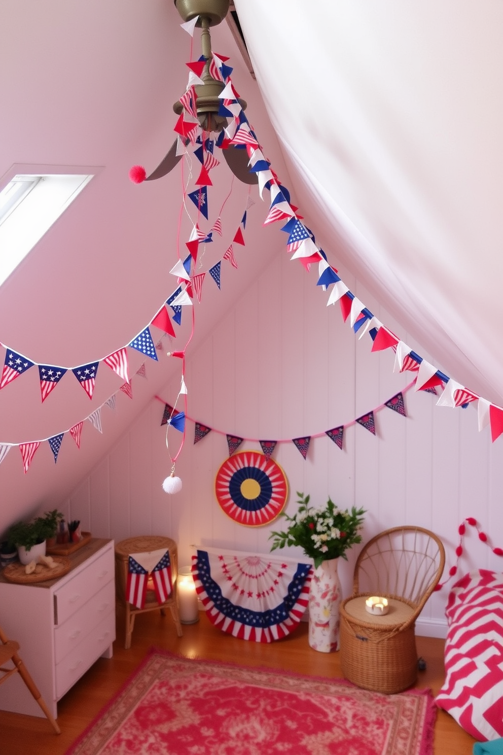 Create a festive attic space decorated for Independence Day. The walls are adorned with colorful hanging garlands made of flags, creating a vibrant and celebratory atmosphere.