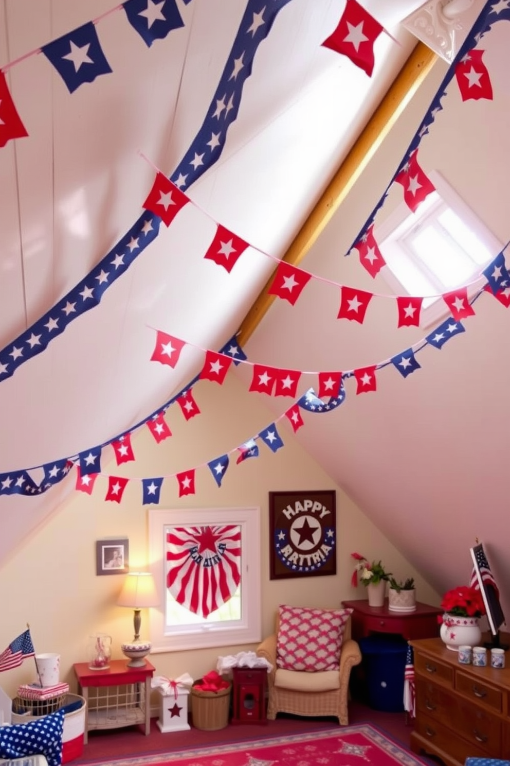 A festive attic decorated for Independence Day features star-spangled bunting draped elegantly along the rafters. The space is filled with red white and blue accents creating a cheerful and patriotic atmosphere.