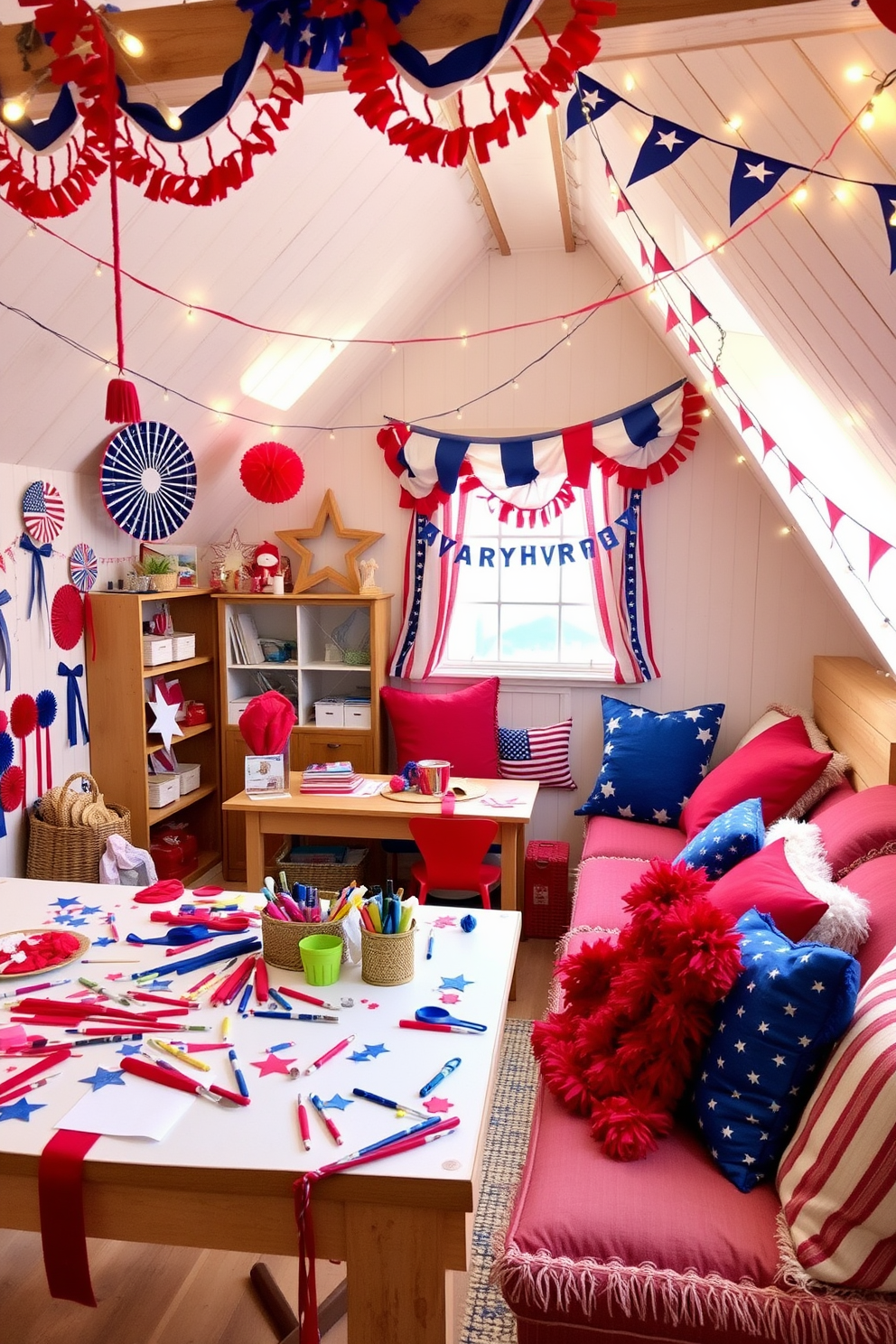 A vibrant Independence Day themed craft corner filled with red white and blue decorations. A large table is covered with various craft supplies including paint brushes ribbons and stars ready for creative projects. An inviting attic space decorated for Independence Day with patriotic bunting and fairy lights. Cozy seating areas feature plush cushions in red white and blue creating a festive atmosphere for gatherings.