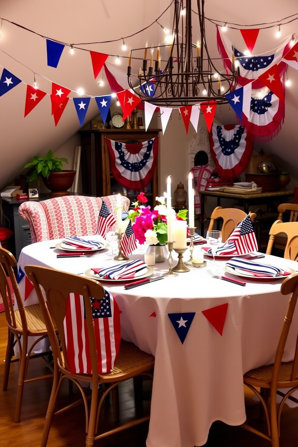 A festive table setting adorned with vibrant flags in red white and blue. The table is covered with a crisp white tablecloth and features a centerpiece of fresh flowers alongside decorative candles. For the Independence Day attic decorating ideas create a cozy patriotic atmosphere. Use string lights and bunting to enhance the space while incorporating vintage American decor items for a nostalgic touch.