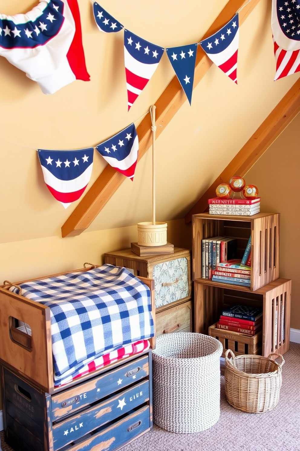 Rustic wooden crates for storage. Stacked in a corner, these weathered crates provide both functionality and charm, perfect for organizing blankets and books. Independence Day Attic Decorating Ideas. Adorn the space with red, white, and blue accents, including bunting and vintage flags, to create a festive atmosphere for summer celebrations.