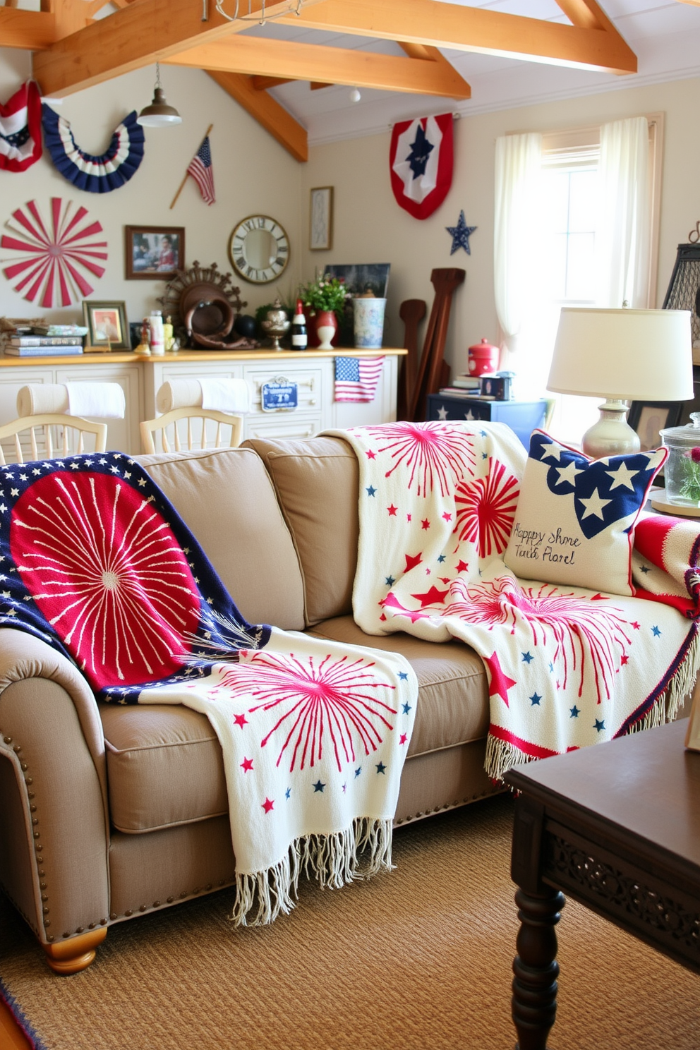 A cozy living room adorned with fireworks-themed throw blankets draped over a plush sofa. The blankets feature vibrant colors and patterns that celebrate the spirit of Independence Day, adding a festive touch to the space. An inviting attic space transformed for Independence Day with red, white, and blue decorations. Vintage patriotic items are displayed alongside comfortable seating, creating a warm and festive atmosphere perfect for holiday gatherings.