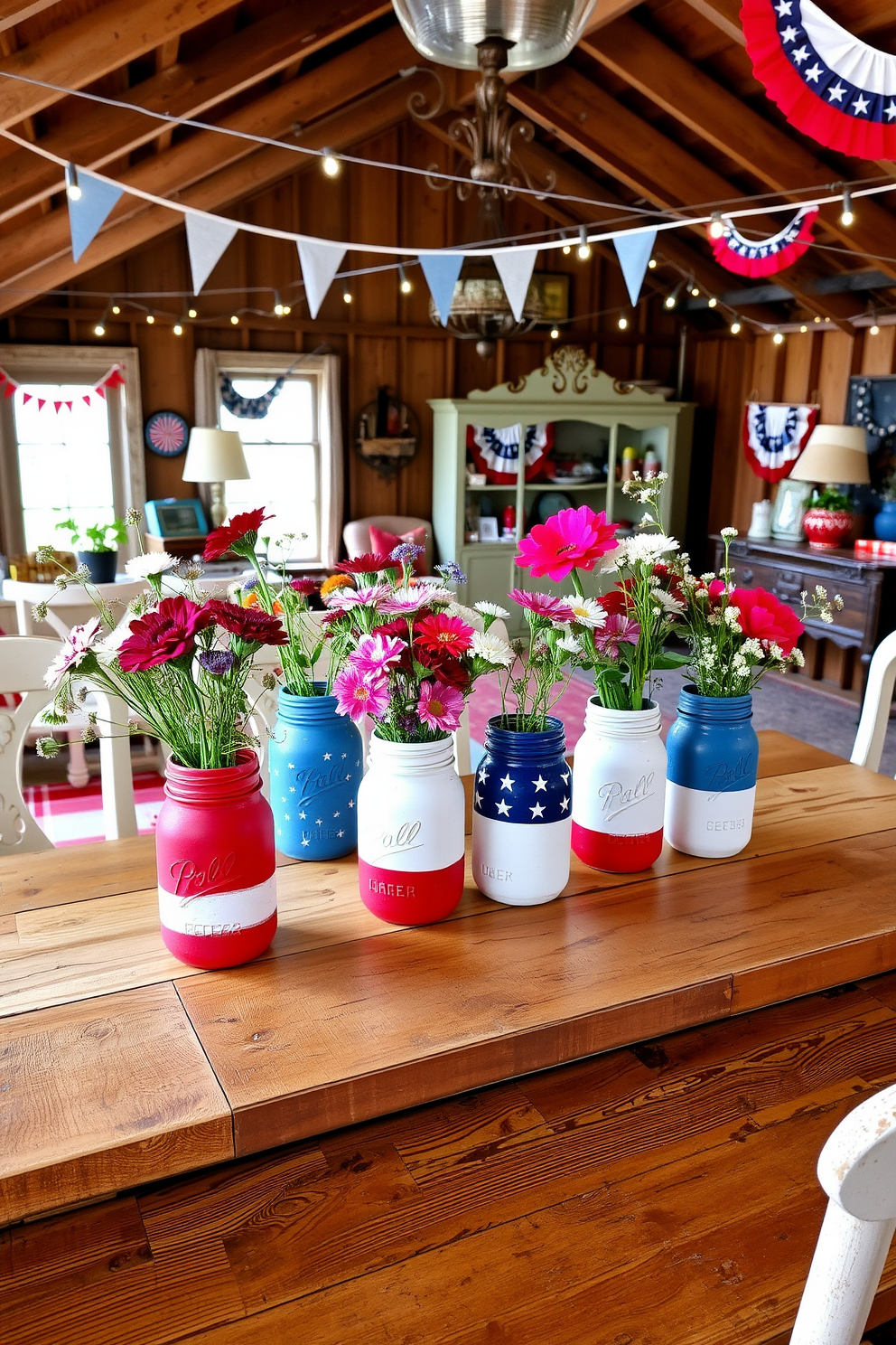 A collection of DIY painted mason jars in vibrant red white and blue colors arranged as centerpieces on a rustic wooden table. Each jar features unique patterns and is filled with fresh wildflowers adding a festive touch to the Independence Day celebration. An attic transformed into a cozy patriotic retreat adorned with red white and blue decorations. Vintage furniture pieces are complemented by string lights and bunting creating a warm inviting atmosphere for holiday gatherings.