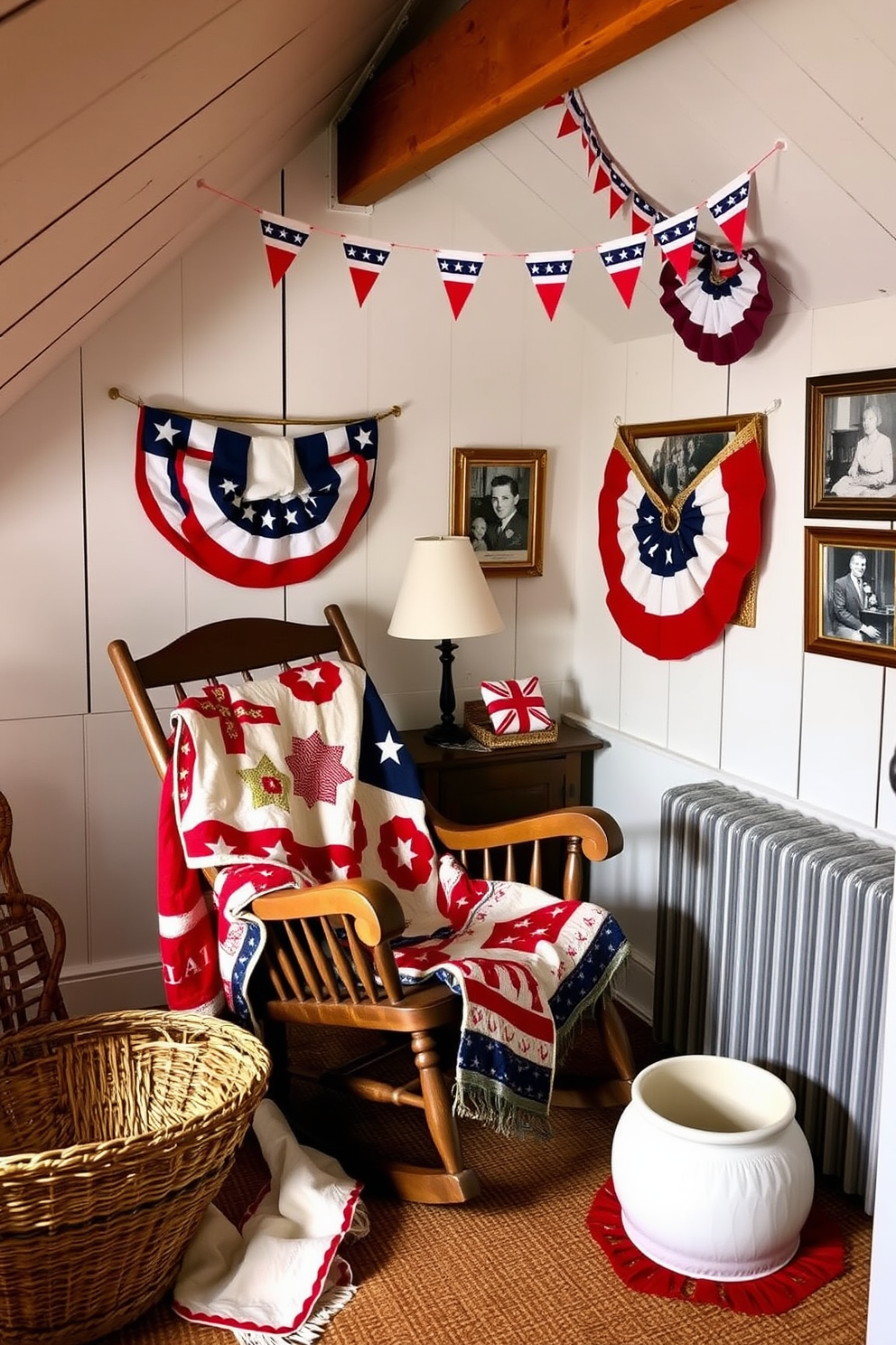 A cozy attic space decorated for Independence Day features a vintage wooden rocking chair draped with quilted red white and blue throws. The walls are adorned with patriotic bunting and framed photographs of past celebrations, creating a warm and inviting atmosphere.