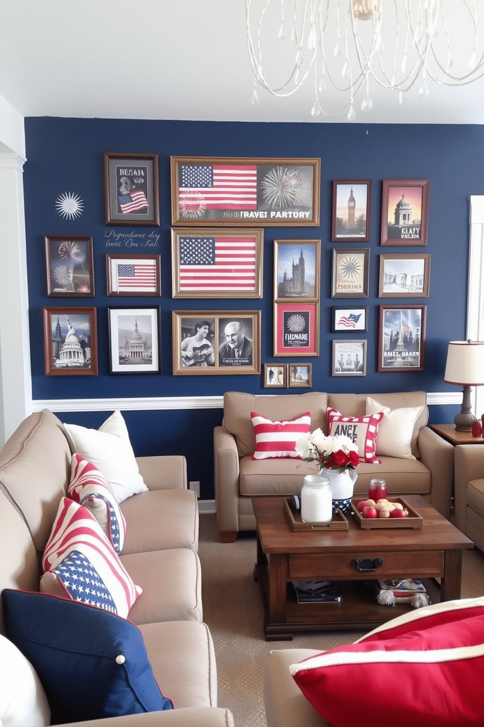 A patriotic themed wall art gallery display features an array of framed artwork showcasing the American flag, fireworks, and historical landmarks. The gallery is arranged in a cohesive layout on a deep blue wall, enhancing the festive atmosphere for Independence Day celebrations. In the basement, comfortable seating is arranged to create an inviting space for gatherings. Red, white, and blue throw pillows adorn the sofas, while a rustic coffee table holds themed decorations and snacks for guests.