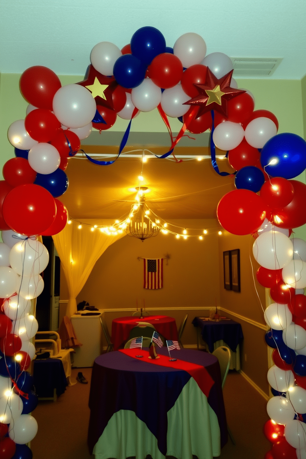 A festive entrance is created with a vibrant arch made of red white and blue balloons, welcoming guests to the celebration. The arch is adorned with stars and streamers, capturing the spirit of Independence Day. Inside the basement, the decor features patriotic elements such as tablecloths in red and blue, and centerpieces with miniature flags. String lights in warm white illuminate the space, adding a cozy atmosphere for gathering and festivities.