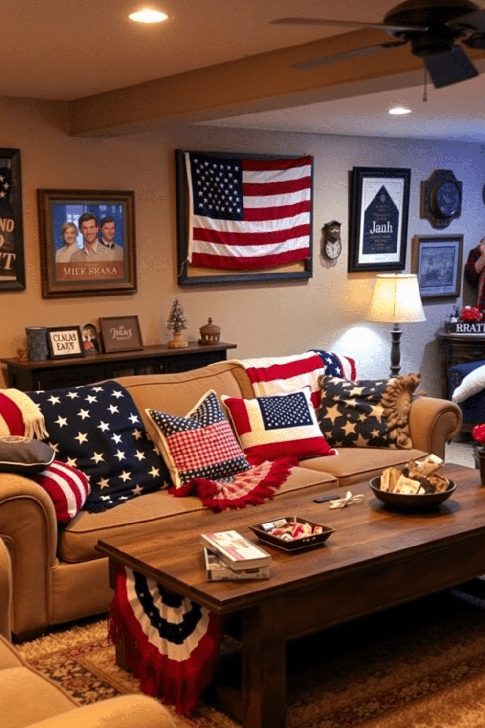 Cozy seating area featuring a plush sofa adorned with patriotic patterned blankets in red, white, and blue. The space is illuminated by warm, soft lighting, creating an inviting atmosphere perfect for celebrating Independence Day. In the background, a rustic wooden coffee table holds festive decorations and snacks. The walls are decorated with framed American flags and vintage memorabilia, enhancing the basement's festive decor.