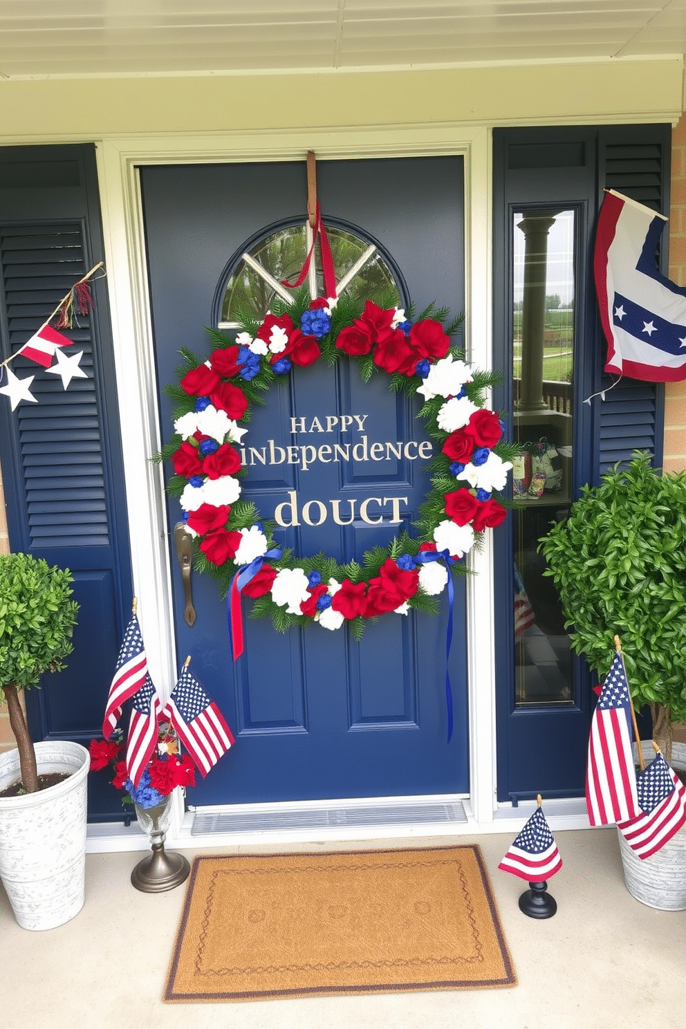 A decorative wreath is hung on the basement door, featuring red white and blue flowers and ribbons to celebrate Independence Day. The surrounding area is adorned with patriotic-themed decor including stars and stripes bunting and small American flags placed around the entryway.