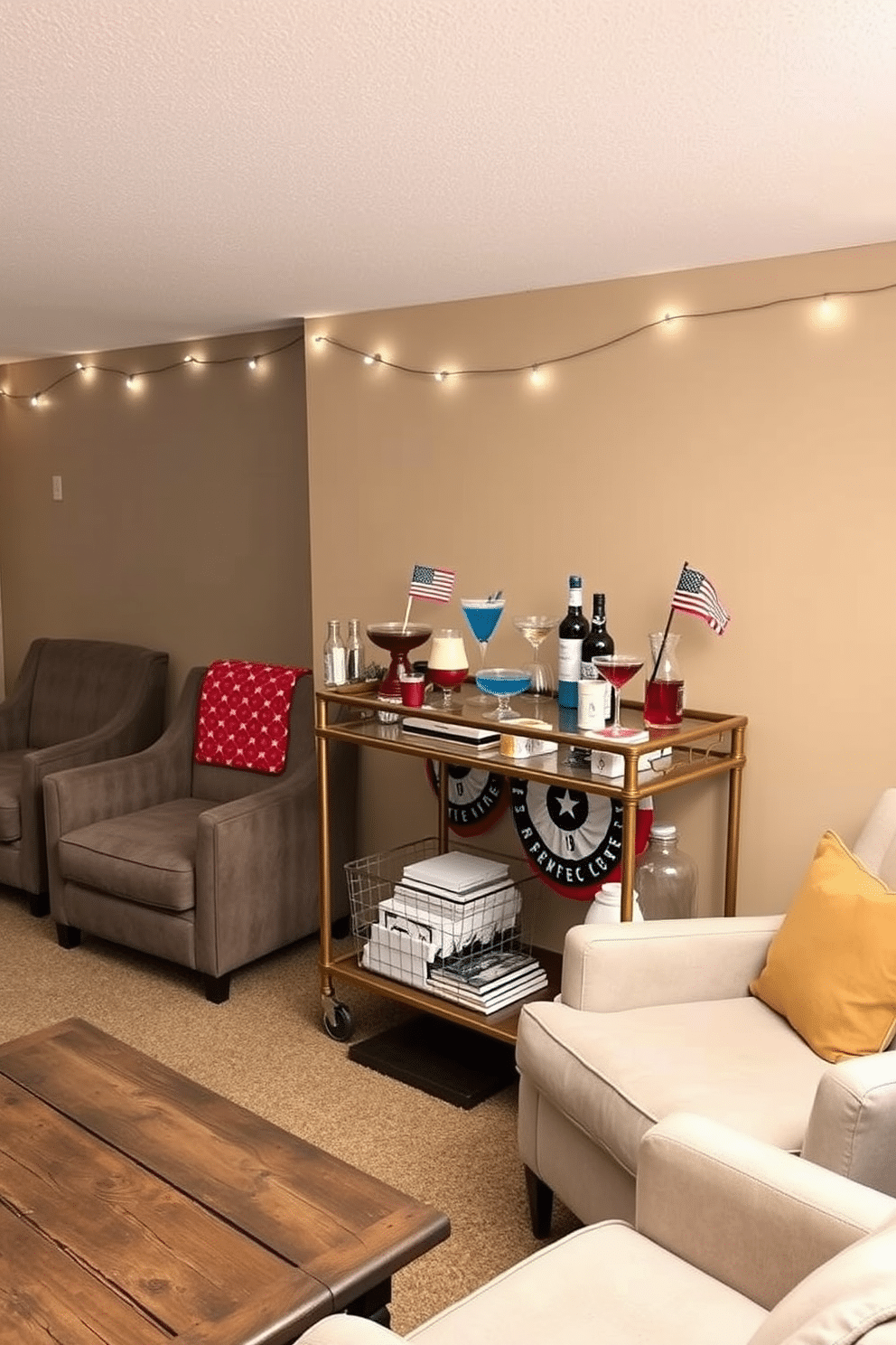 A themed bar cart is set up for Independence Day, featuring a variety of festive drinks including red, white, and blue cocktails. The cart is adorned with patriotic decorations such as small American flags and themed glassware. In the basement, a cozy seating area is arranged with comfortable lounge chairs and a rustic coffee table. The walls are painted in a warm neutral tone, and string lights add a festive ambiance to the space.