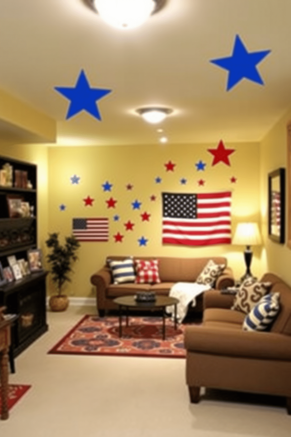 Festive wall decals featuring stars and stripes create a vibrant atmosphere for Independence Day celebrations. The decals are easy to apply and remove, making them perfect for a temporary yet festive look. For basement decorating ideas, consider a cozy lounge area with comfortable seating and warm lighting. Incorporate colorful rugs and wall art to bring life to the space while maintaining a casual and inviting vibe.