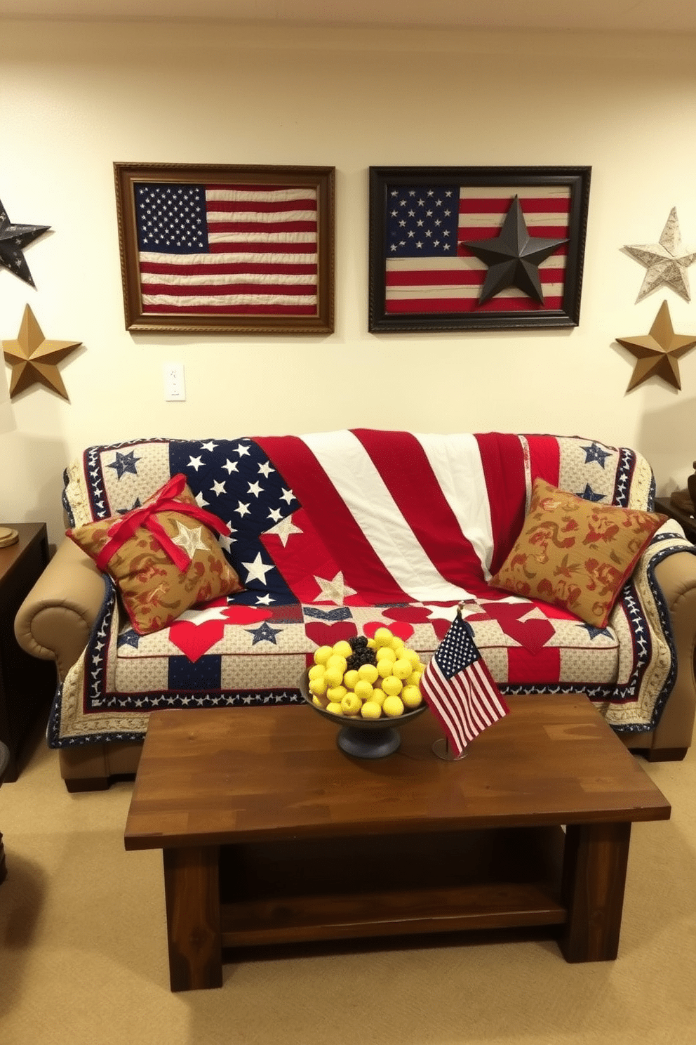 A patriotic themed quilt is elegantly draped over a cozy sofa in a basement space. The quilt features vibrant red white and blue colors with stars and stripes creating a festive atmosphere for Independence Day. The walls are adorned with framed vintage American flags and decorative stars. Soft lighting enhances the warm ambiance while a rustic coffee table holds a bowl of fresh fruit and a small American flag centerpiece.