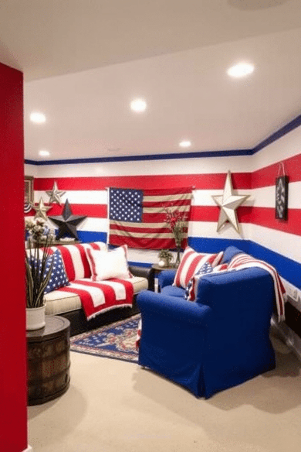 Create a festive basement space that celebrates Independence Day with red, white, and blue wall paint accents. The walls are painted in bold stripes of red and blue, while the ceiling features a crisp white finish to balance the vibrant colors. Incorporate comfortable seating with patriotic-themed cushions and throws that enhance the holiday spirit. Add decorative elements such as star-shaped wall art and a vintage American flag to complete the festive atmosphere.