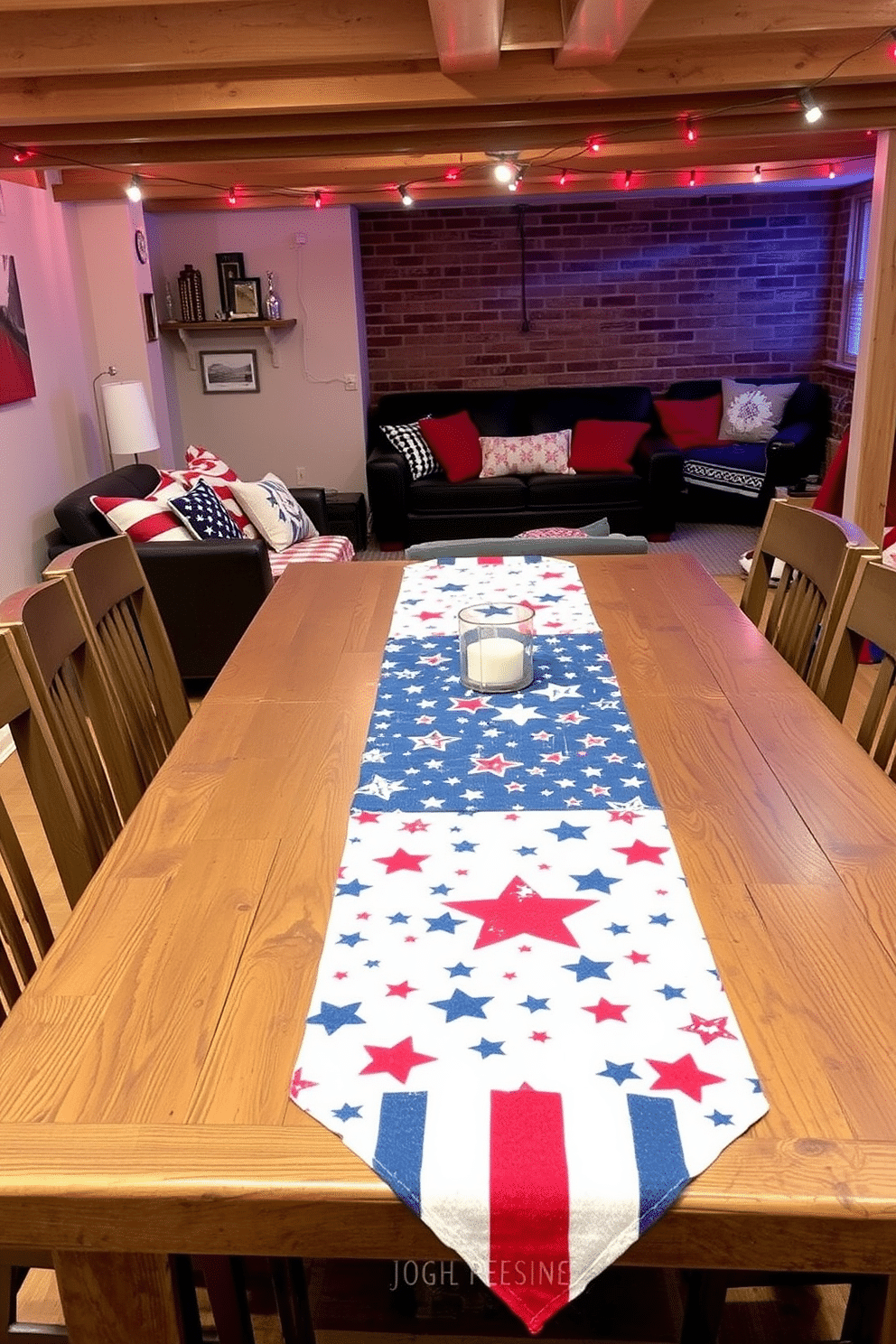 A festive Independence Day themed table runner stretches across a rustic wooden dining table. The runner features vibrant red, white, and blue patterns, adorned with stars and stripes that celebrate the holiday spirit. In the basement, cozy seating arrangements include patriotic throw pillows and blankets. String lights in red and white illuminate the space, creating a warm and inviting atmosphere for gatherings.