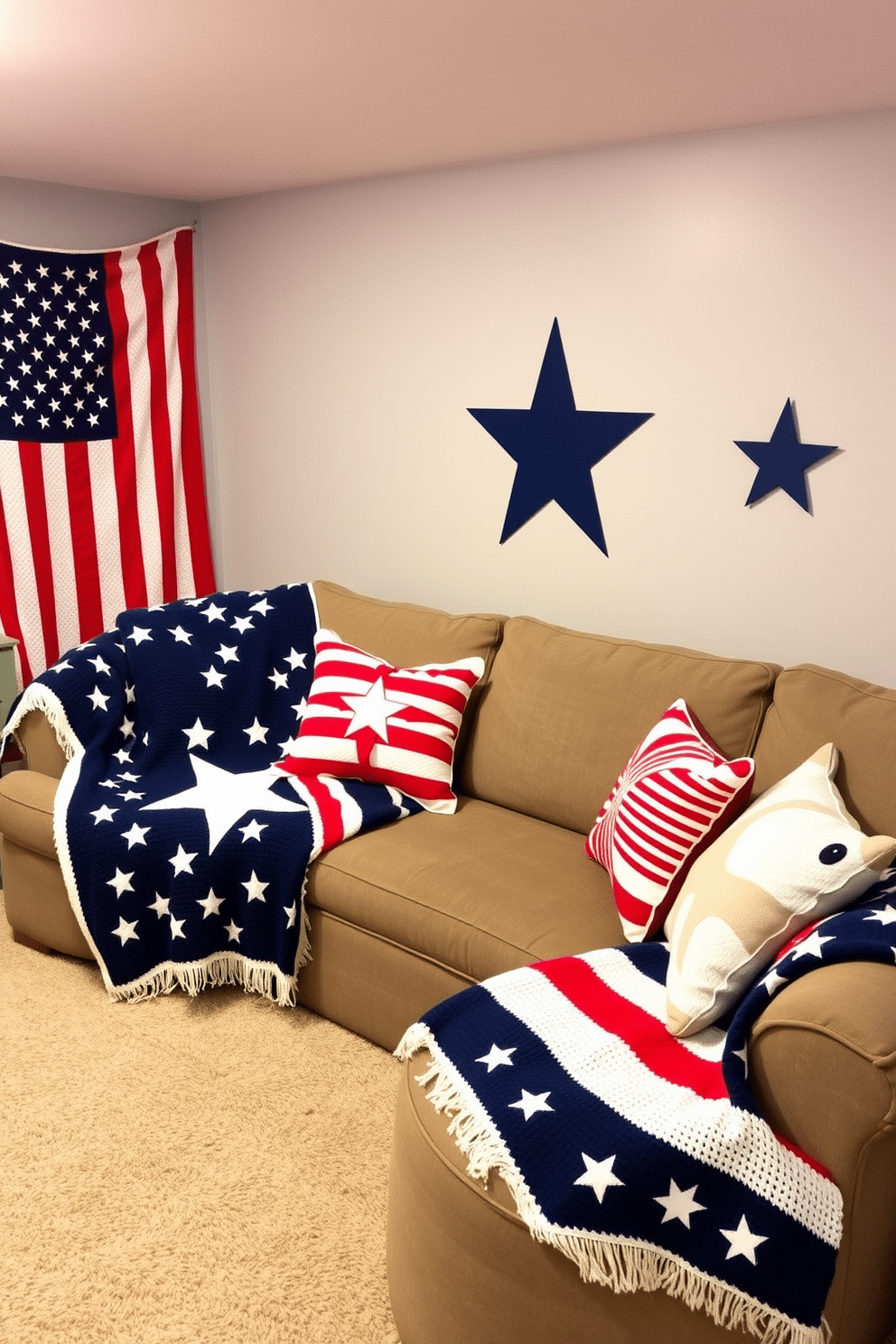 A cozy basement space adorned with star and stripe themed throw blankets that celebrate Independence Day. The blankets are draped over a plush sectional sofa, creating a festive and inviting atmosphere for gatherings. Red, white, and blue accent pillows complement the throw blankets, adding a touch of patriotism to the decor. The walls are painted a soft gray, providing a neutral backdrop that enhances the vibrant colors of the blankets and pillows.