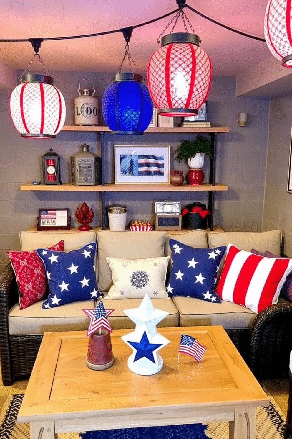 Create a cozy basement space decorated for Independence Day. Incorporate decorative lanterns in red, white, and blue hues, hanging from the ceiling and placed on shelves to enhance the festive atmosphere. Add comfortable seating with plush cushions in coordinating colors. Use themed table decor with stars and stripes to complete the patriotic look.